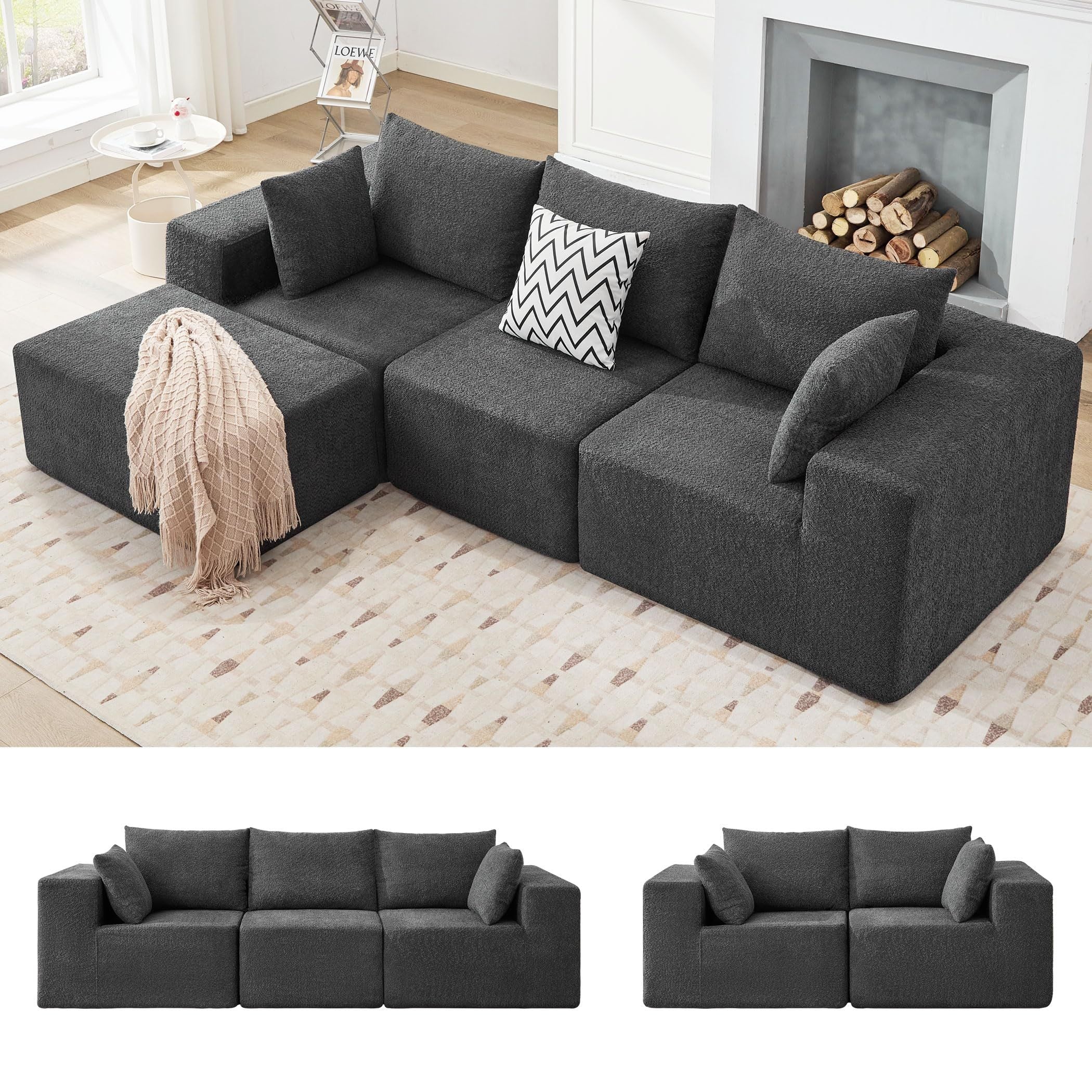 103' Modular Sectional Sofa, L Shaped Cloud Sectional Couch with Deep Seats, Modern Boneless Couch with Chaise, No Assembly Foam Couches, Upholstered Couches for Living Room & Bedroom & Game Room