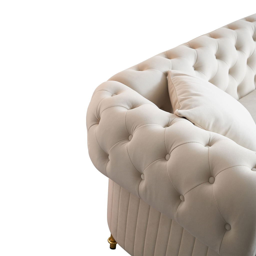 89''W Chesterfield Modern Tufted Velvet Living Room Sofa with Two Seat Cushions and Two Toss Pillows,Beige