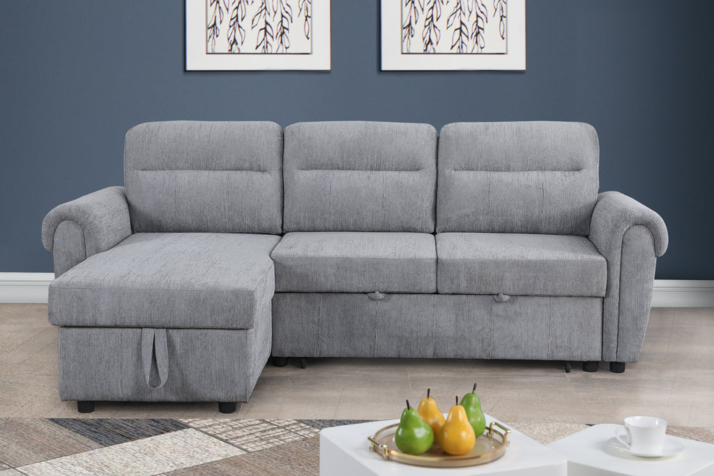 Hugo 97'W Light Gray Chenille Reversible Sleeper Sectional Sofa Chaise with USB Chargers, Phone/Magazine Pockets