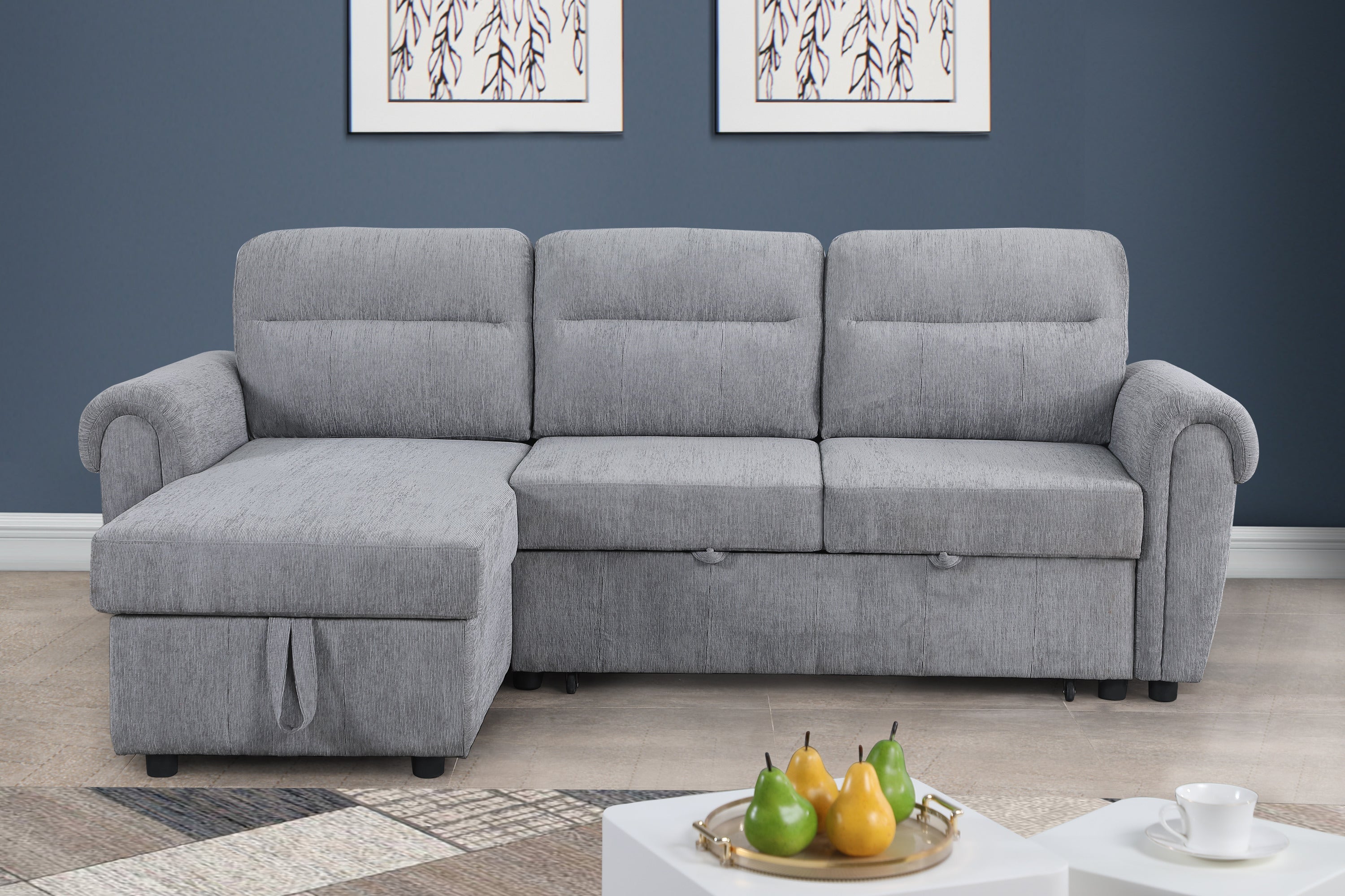 Hugo 97'W Light Gray Chenille Reversible Sleeper Sectional Sofa Chaise with USB Chargers, Phone/Magazine Pockets