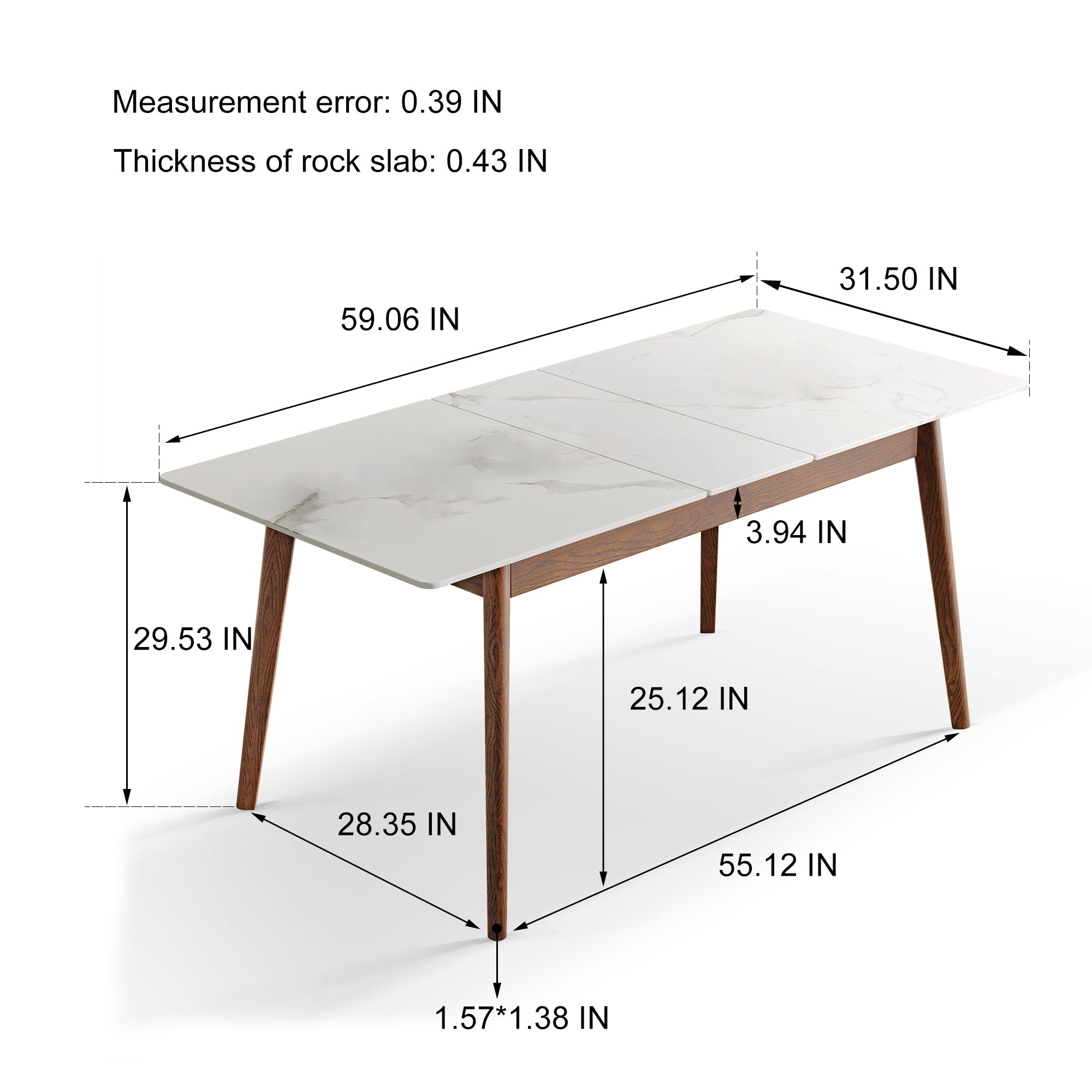 Walnut Solid Oak and White Slate Telescopic Dining Table for 6-8 People, Wood (Walnut Color)