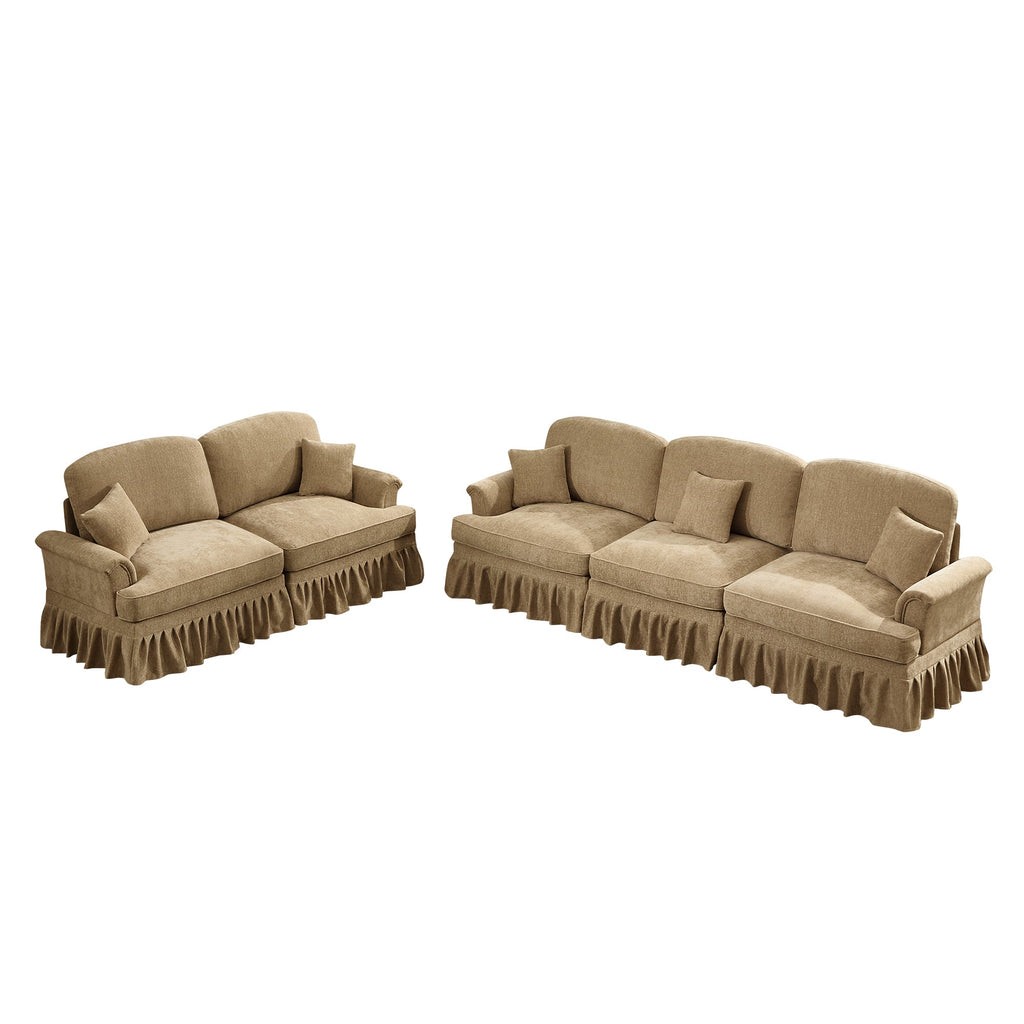 Classic 2 Piece Modular Couch Living Room Sofa Set with Flared Arms and Removable Ruffles Pleats Skirts and Spindle Legs, 3 Seater Sofa + 2-Seat Loveseat Sofa Sets for Living Room, Light Coffee