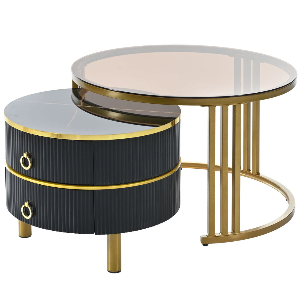 ON-TREND Φ27.5'' & Φ19.6'' Stackable Coffee Table with 2 Drawers, Nesting Tables with Brown Tempered Glass and High Gloss Marble Tabletop, Set of 2, Round Center Table for Living Room, Black