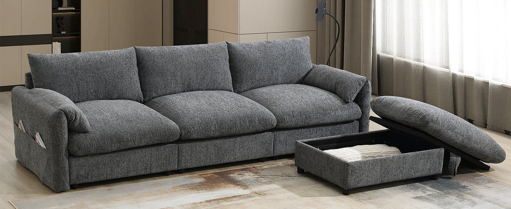 96.5'' Chenille Sectional Sofa with Storage Ottoman and Pockets,Adjustable Phone Holder,Wide Seat,4 Seat L Shaped Couch Set,Comfy Sofa with USB Charger for Living Room,Apartment,3 Colors