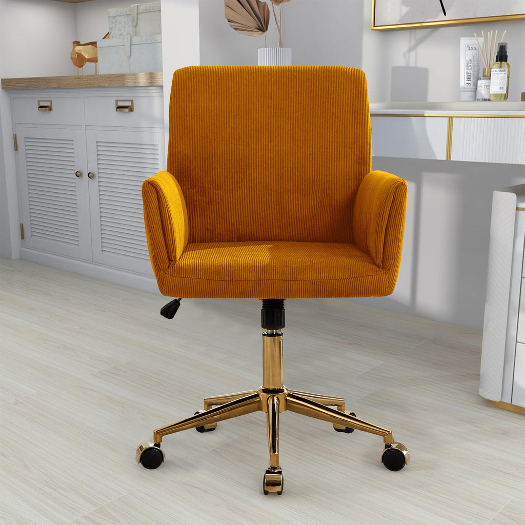 TS Corduroy home decor office desk and chair, modern height adjustable 360 ° armchair with gold base, ergonomic computer chair, leisure chair 1pc Yellow