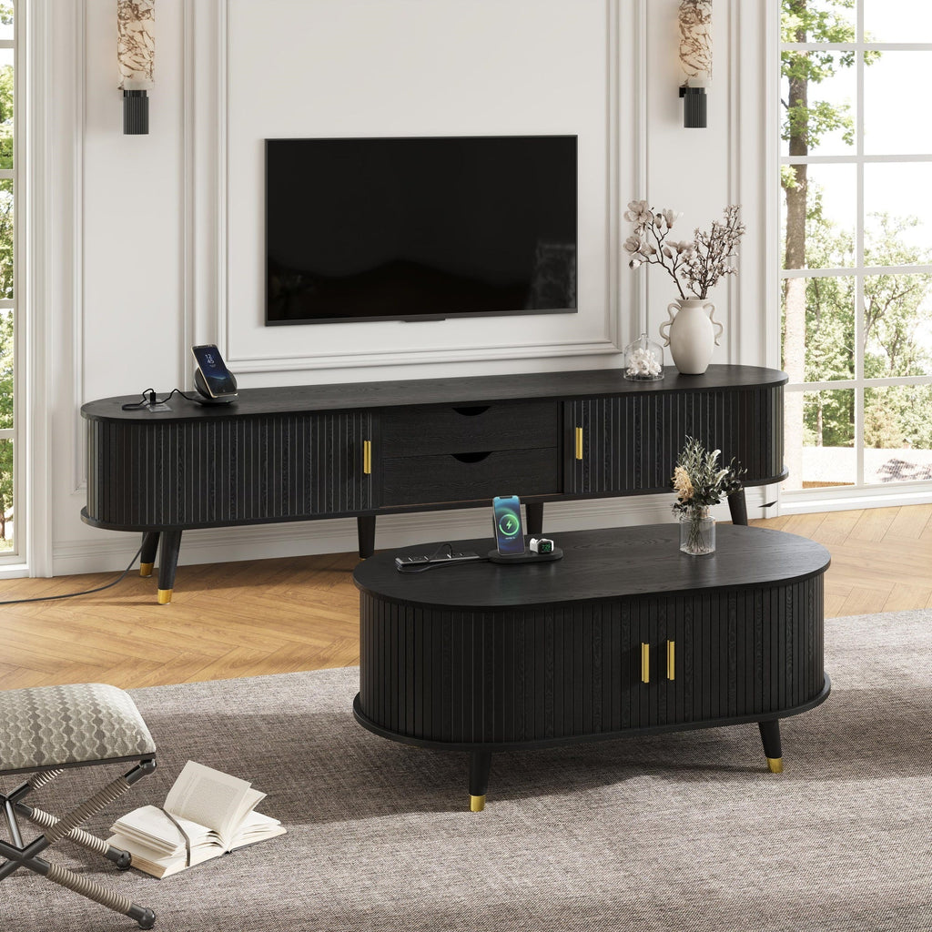 Wooden Farmhouse TV Stand & Coffee Table Set with Charging Station, Oval Fluted Media Console with Sliding Doors for TVs up to 80', Mid-Century Center Table with Solid Wood Legs for Living Room,Black