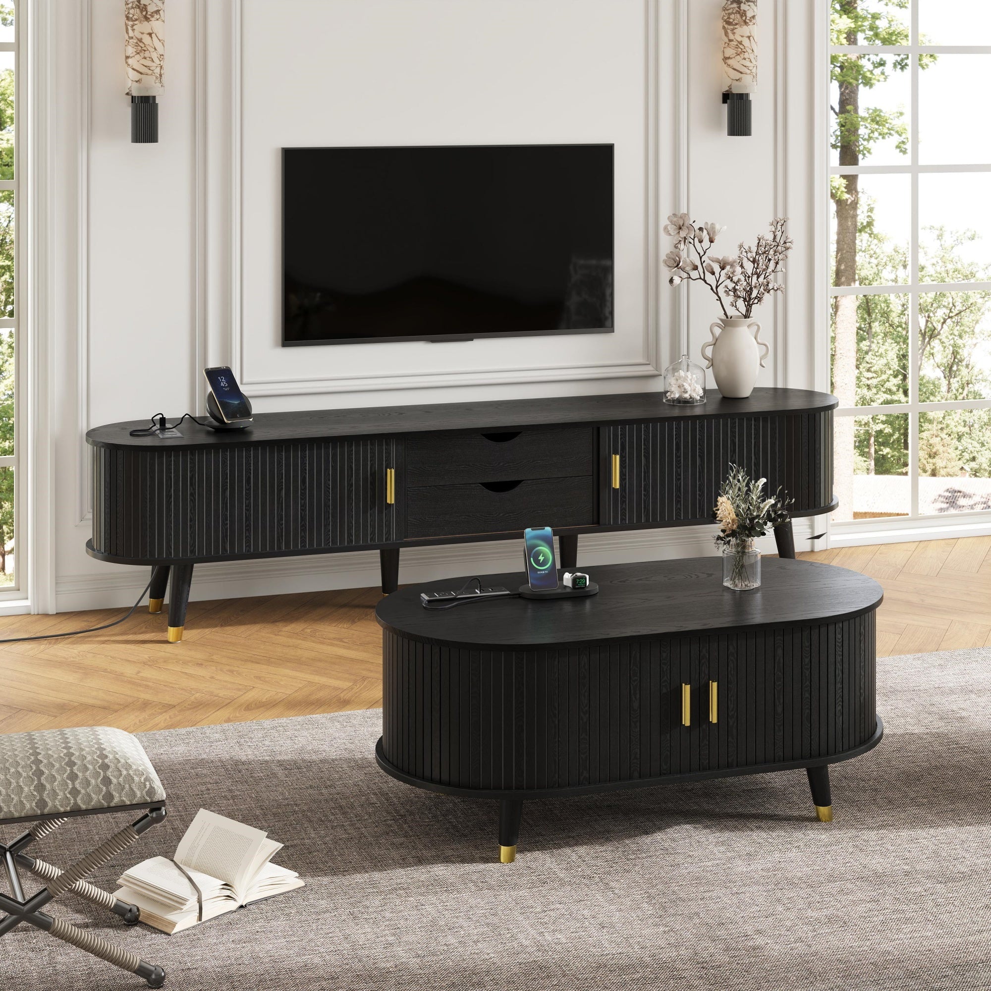 Wooden Farmhouse TV Stand & Coffee Table Set with Charging Station, Oval Fluted Media Console with Sliding Doors for TVs up to 80', Mid-Century Center Table with Solid Wood Legs for Living Room,Black