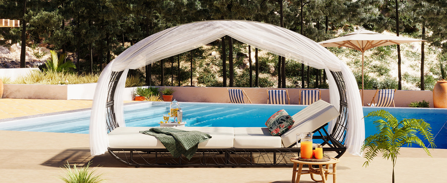 GO 90.55' Outdoor Patio Daybed with Curtain, Sunbed with Cushion and Colorful Pillow, Wicker Lounge Chairs Backrest Adjustable Recliners for Pool Garden Backyard, Beige Cushion, Black Wicker