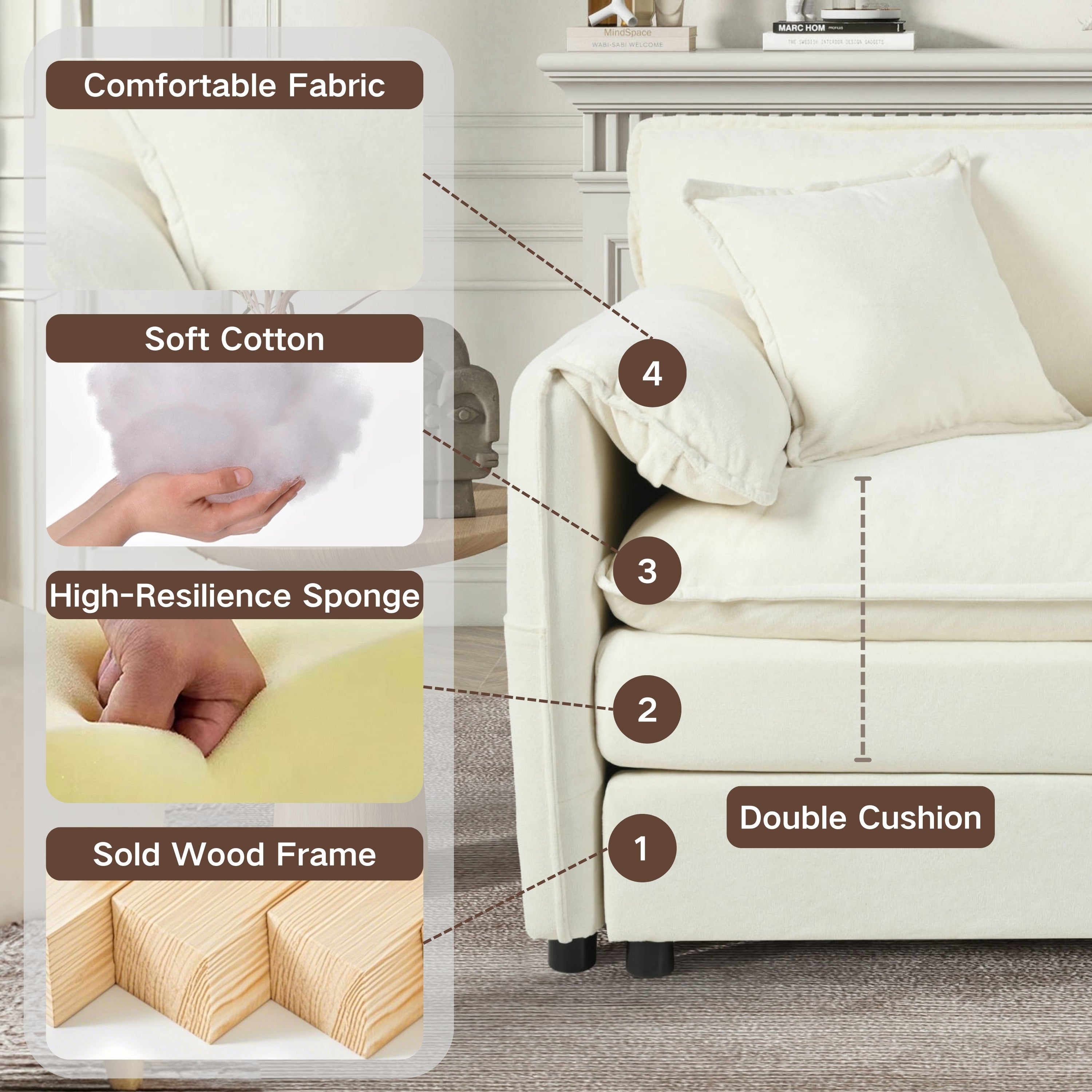 Oversized Deep Seat Sectional Sofa, Green Modern Chenille Cloud Couch, Large 3 Seater Modular Sofa with 3 Pillows for Living Room Bedroom Apartment Office,DIY Combination,Beige