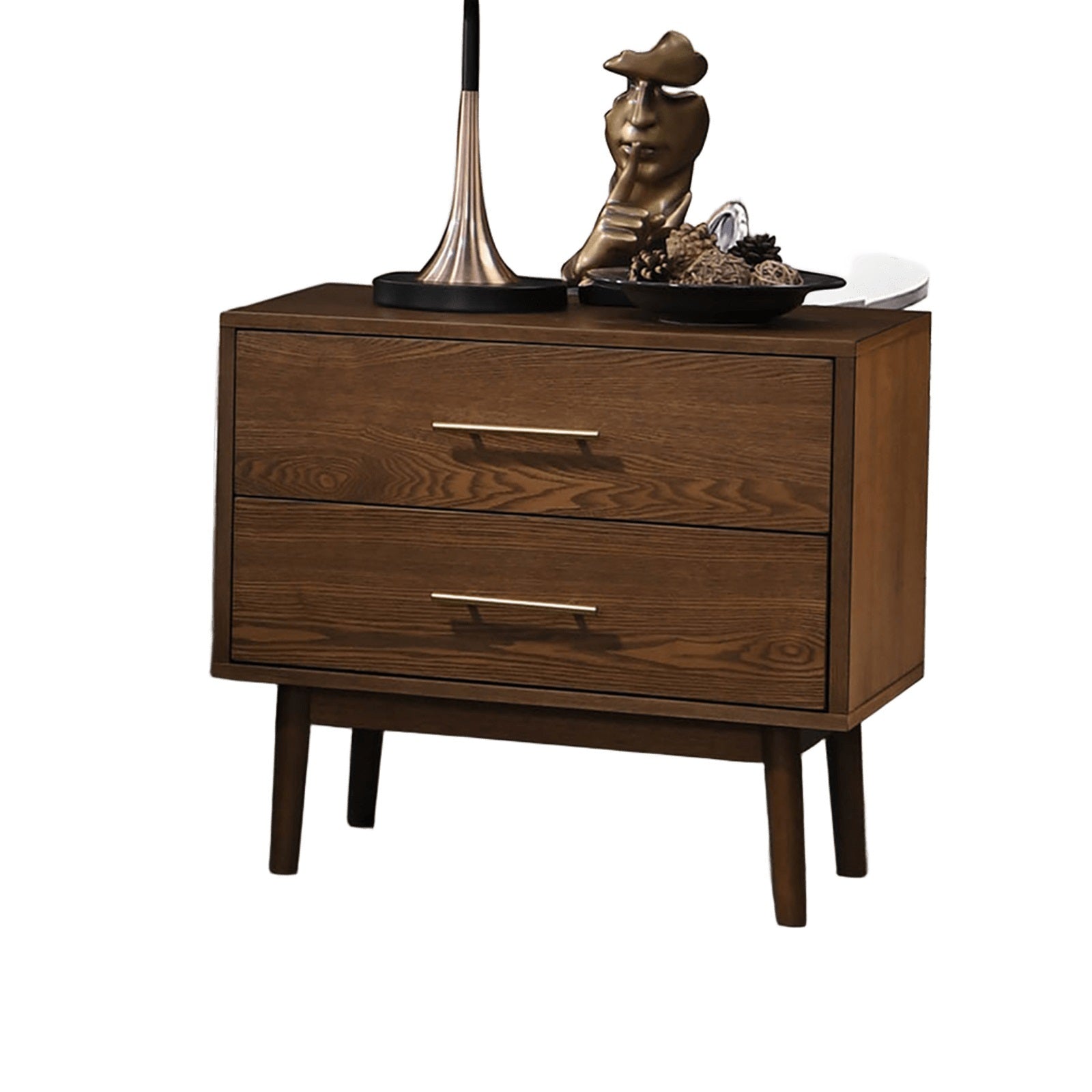 Walnut 1pc Nightstand Solid wood Bedside Table Nickle Bar Pulls 2-Drawers Round Tapered Legs Bedroom Modern Style