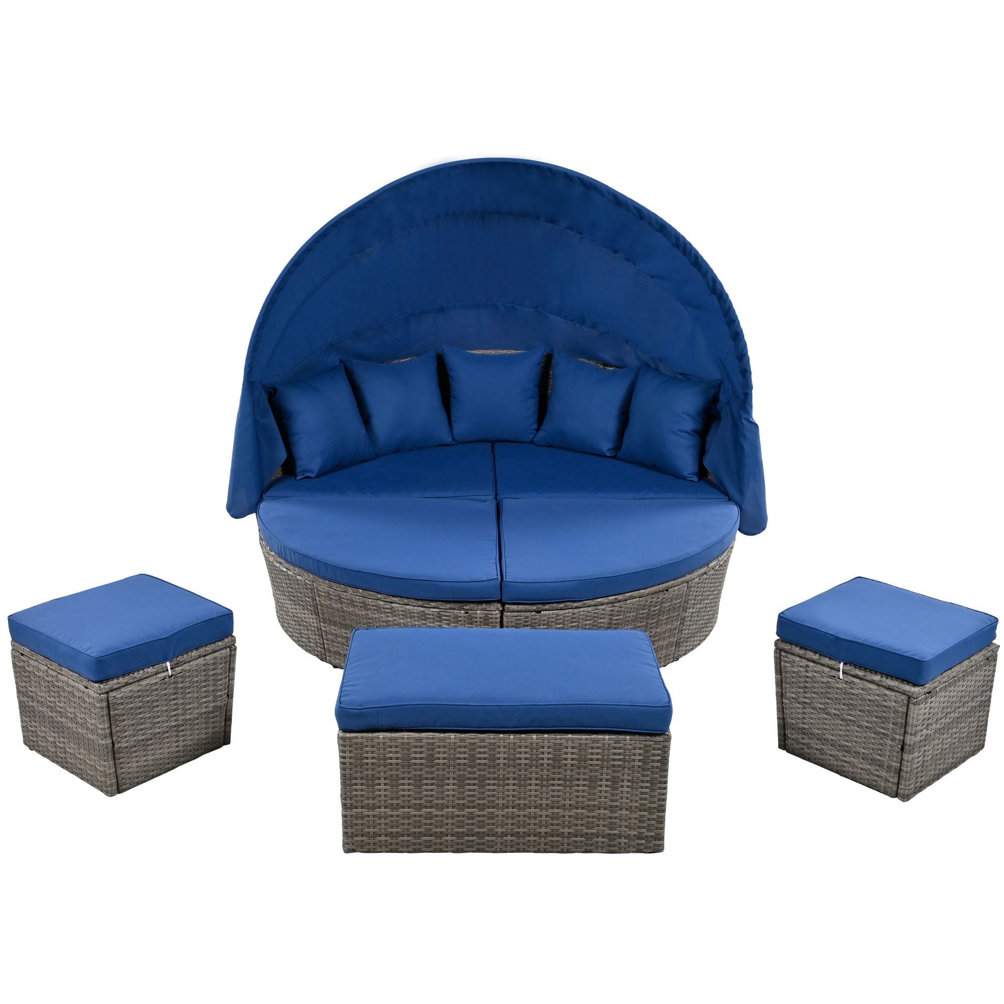 GO Outdoor rattan daybed sunbed with Retractable Canopy Wicker Furniture, Round Outdoor Sectional Sofa Set, Gray Wicker Furniture Clamshell Seating with Washable Cushions, Backyard, Porch, Blue