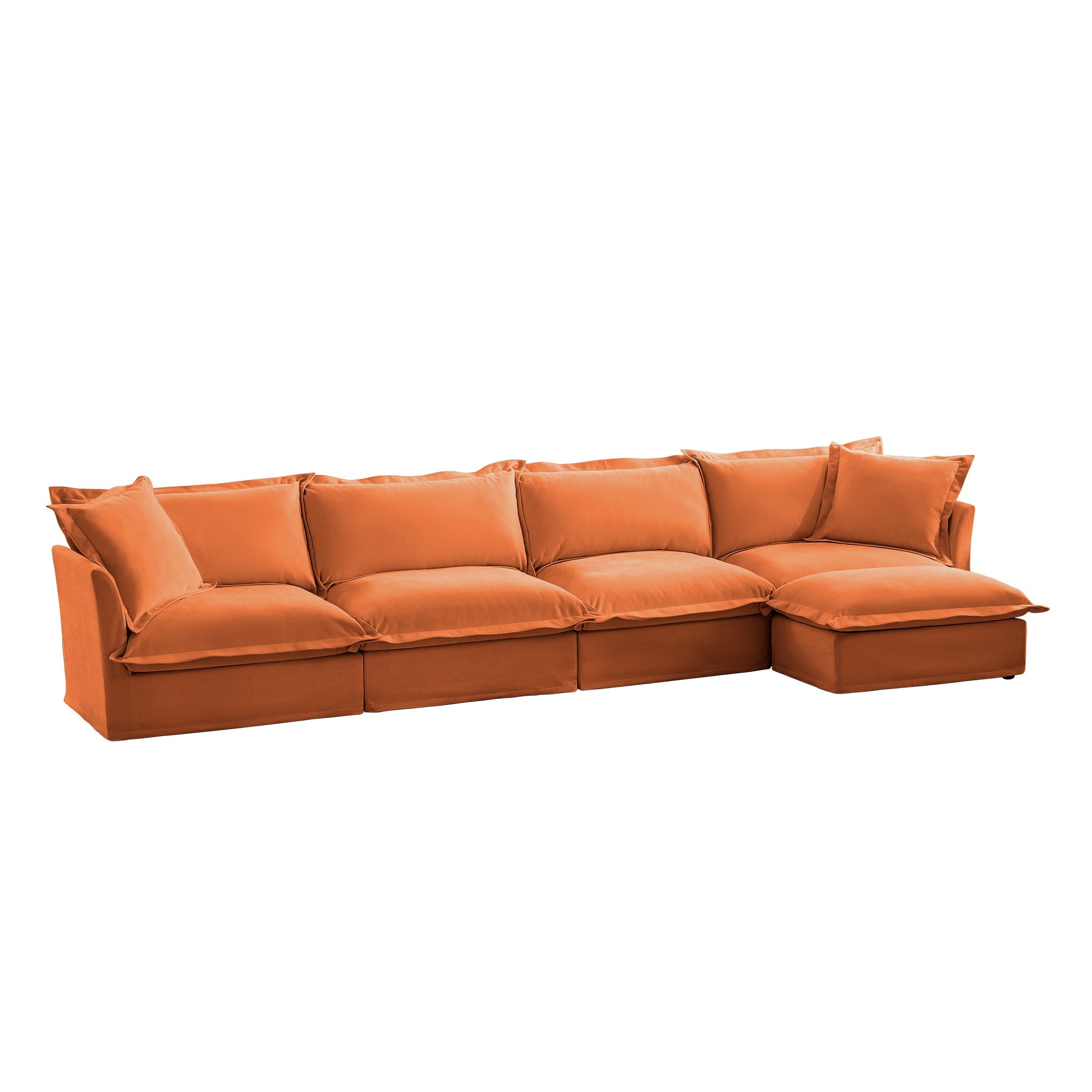 Slipcovered L Shape Sectional Long Sofa Couch, 4 Seater Sofa with Suppleness Armrests, Chenille Deep Seat Sofa with 2 Big Pillows, Comfy Couch for Living Room, Apartment, Chenille Fabric, Orange