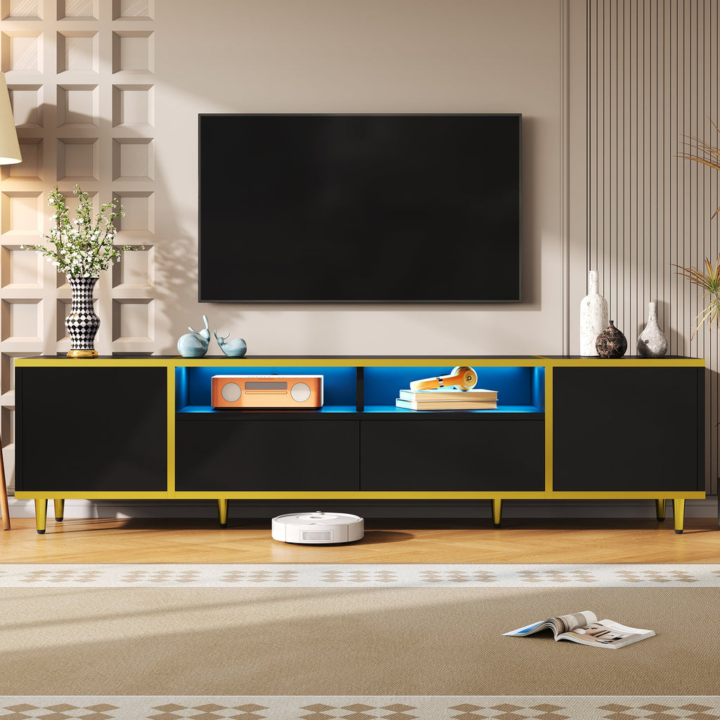 U-Can 70.9'' Modern TV Stand for TVs up to 80 Inches, Entertainment Center with 2 Shelves and  LED Lights, TV Storage Cabinet with 2 Drawers, 2 Cabinets and Metal Legs for Living room