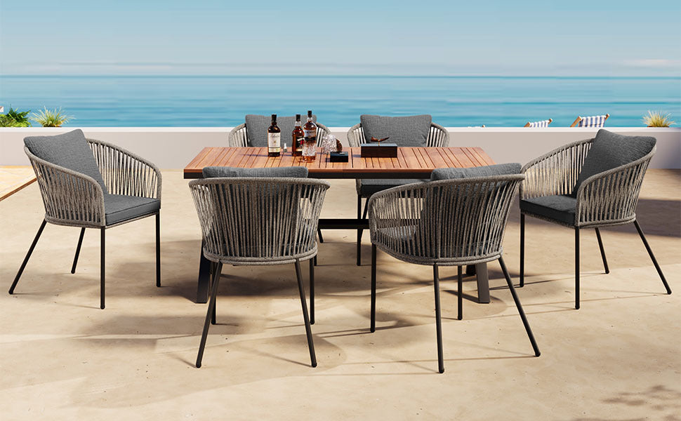 GO 7 Pieces Patio Dining Set, All-Weather Outdoor Furniture Set with Dining Table and Chairs, Acacia Wood Tabletop, Metal Frame, for for Garden, Backyard, Balcony, Grey