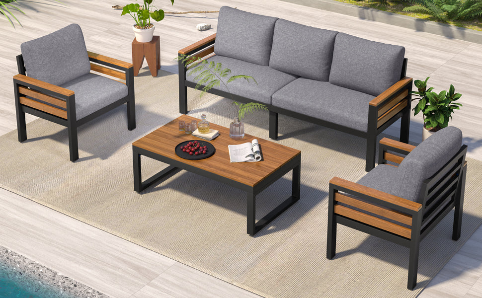 GO 4-Piece Outdoor Furniture Sofa Set for 5 People with  Acacia Wood Armrests, Patio Conversation Set with Removable Cushion and Solid Wood Coffee Table  for Garden and Backyard, Grey