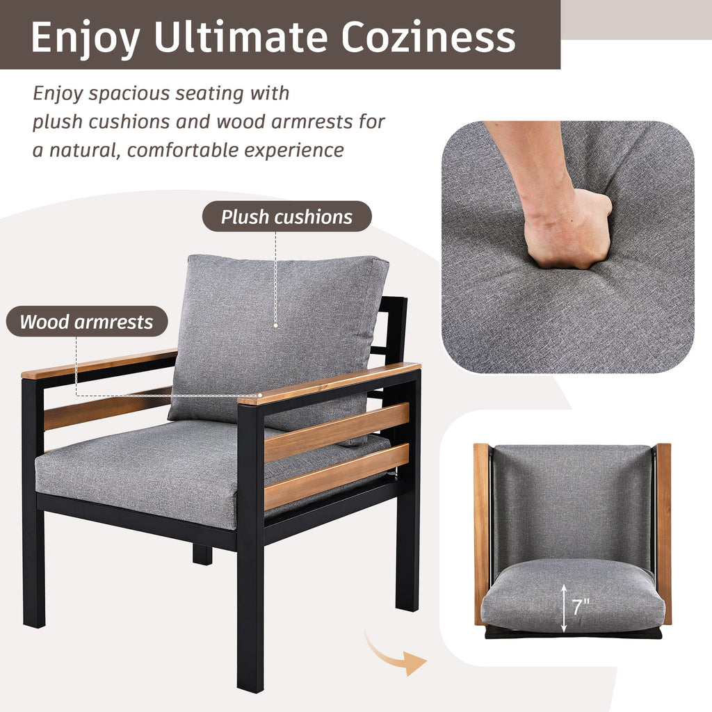 GO 4-Piece Outdoor Furniture Sofa Set for 5 People with  Acacia Wood Armrests, Patio Conversation Set with Removable Cushion and Solid Wood Coffee Table  for Garden and Backyard, Grey