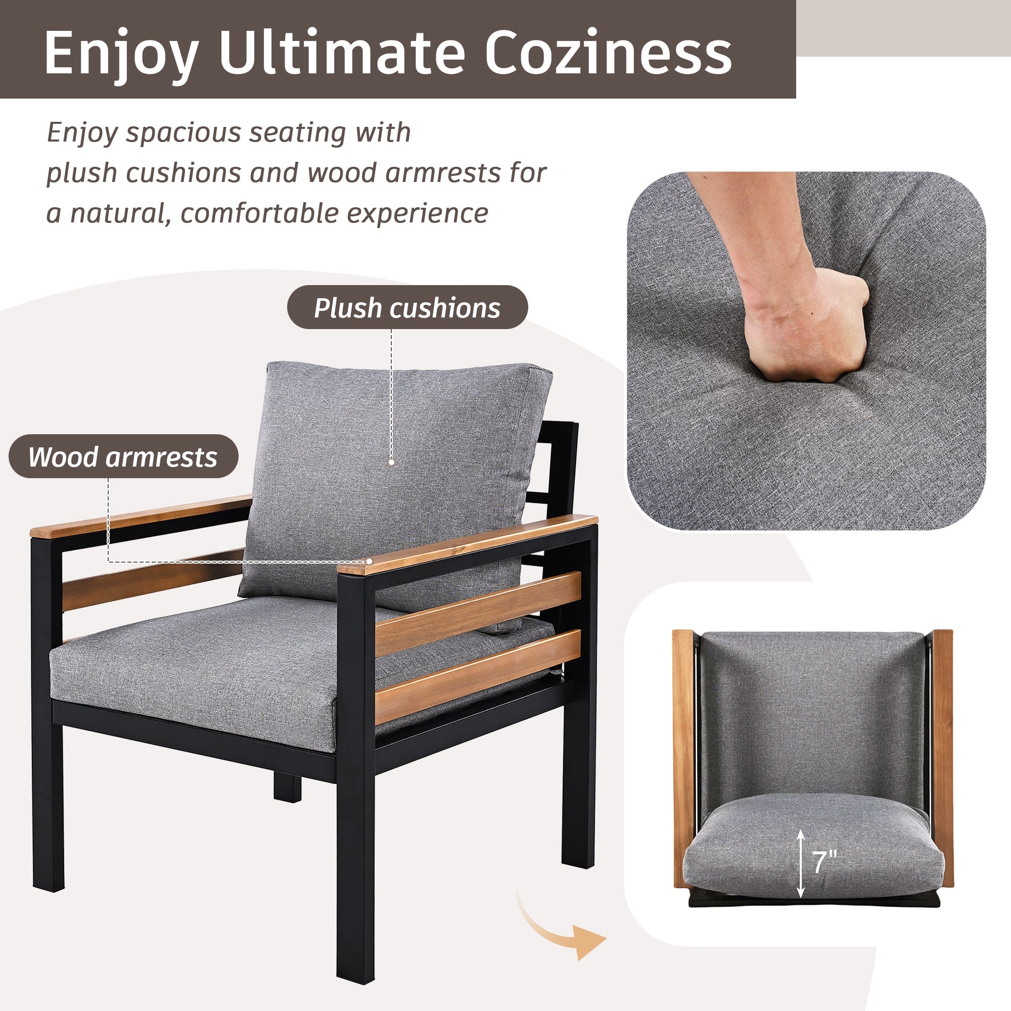 GO 4-Piece Outdoor Furniture Sofa Set for 5 People with  Acacia Wood Armrests, Patio Conversation Set with Removable Cushion and Solid Wood Coffee Table  for Garden and Backyard, Grey