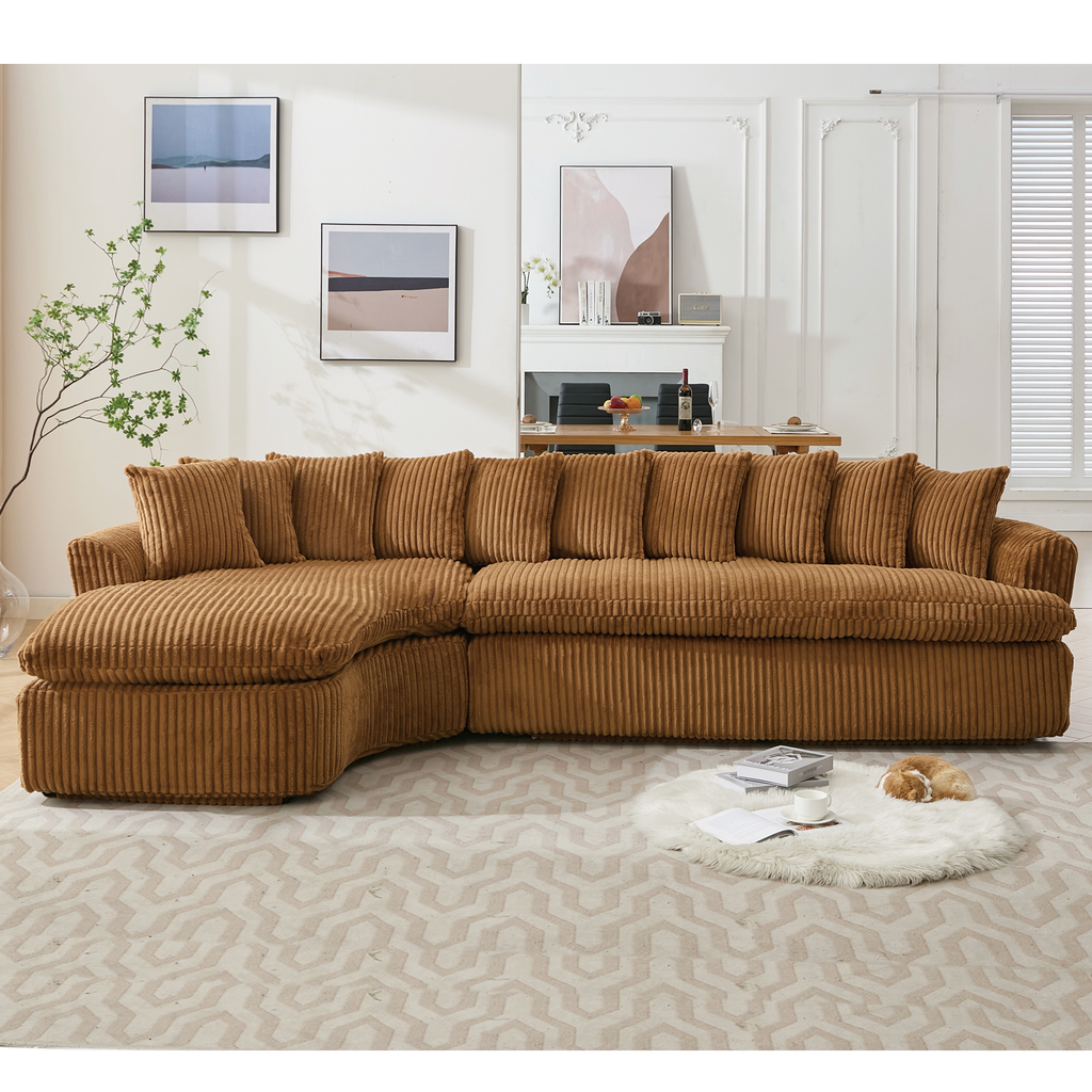 127''  Large Sectional Sofa ,Elegant Curved Design ,High-Resilience Foam ,Ten Back Cushions,L-Shape Left Sofa,No Assembly  Required , (Brown-Soft Corduroy Fabric)