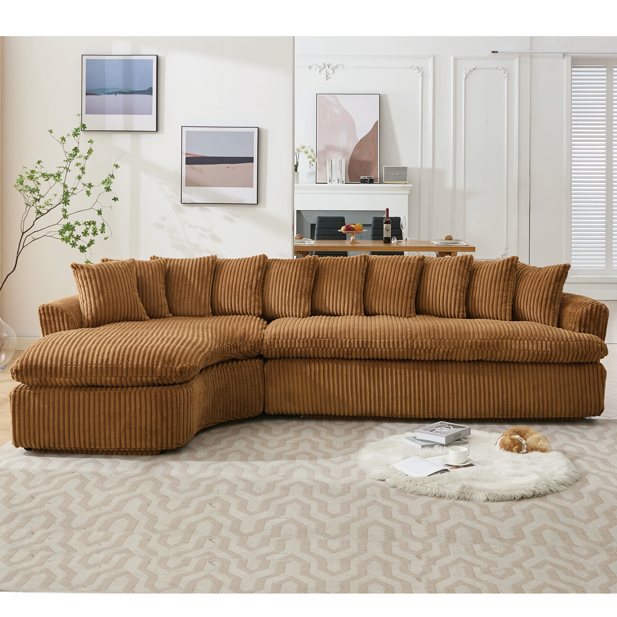 127''  Large Sectional Sofa ,Elegant Curved Design ,High-Resilience Foam ,Ten Back Cushions,L-Shape Left Sofa,No Assembly  Required , (Brown-Soft Corduroy Fabric)
