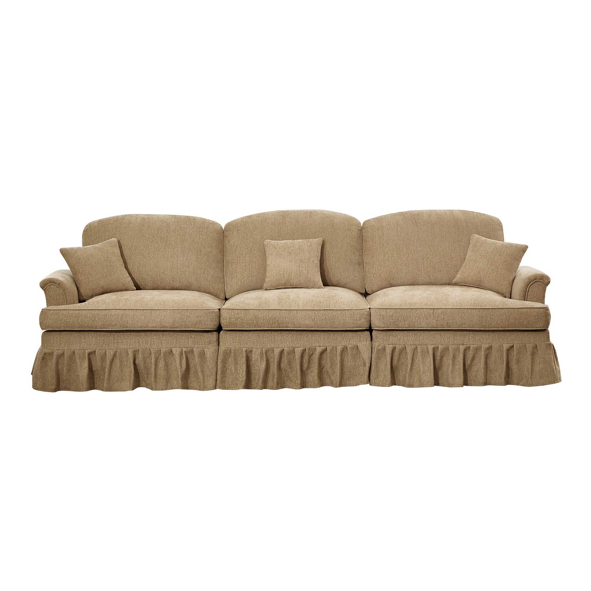 Elegant Mid Century Large 3 Seater Sofa Couch with Flared Arms and Removable Ruffles Pleats Skirts and Spindle Legs, Comfy Chenille Three-Seat Sofa for Living Room, Light Coffee