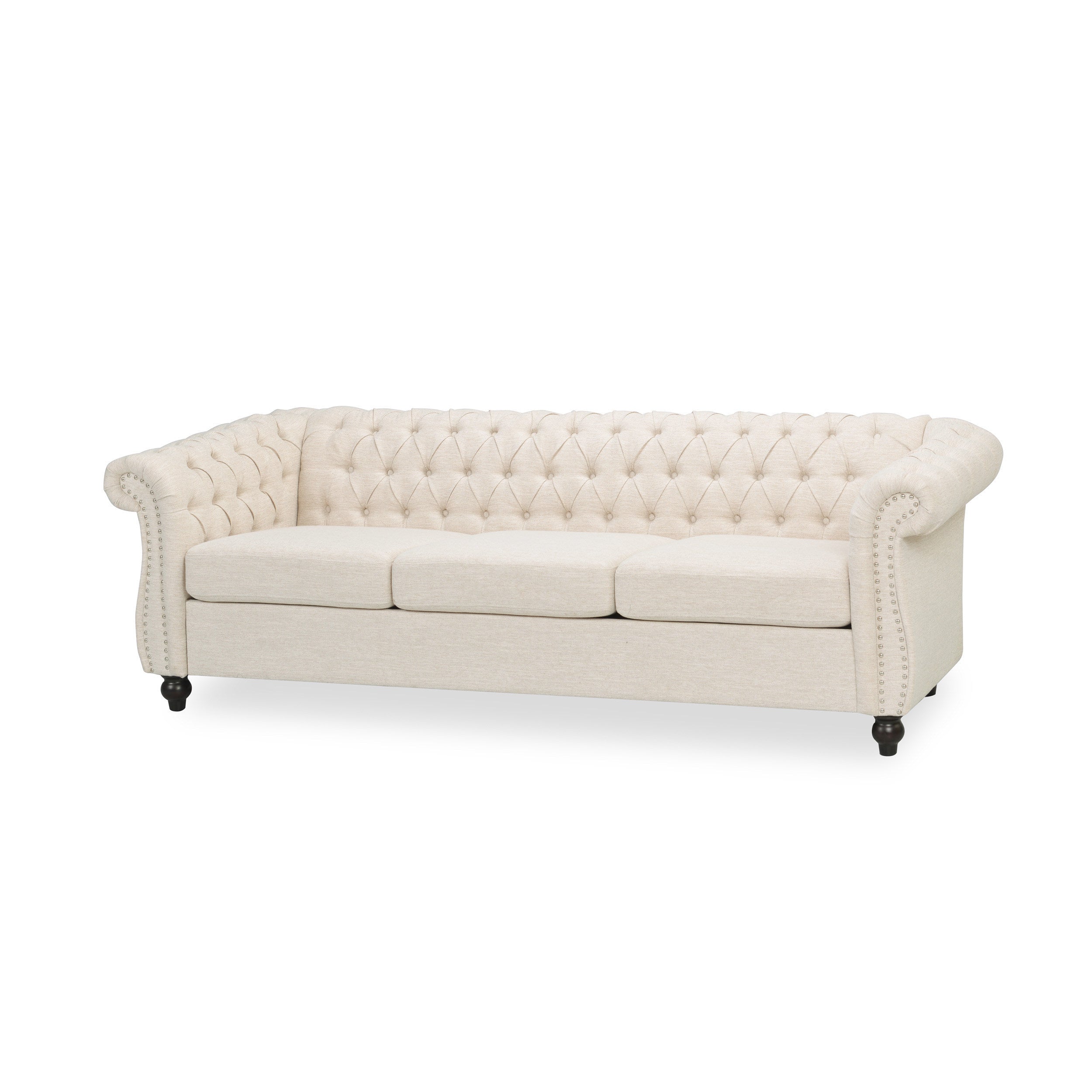 Chesterfield Style 3-Seater Sofa with Deep Button Tufting in Beige Fabric