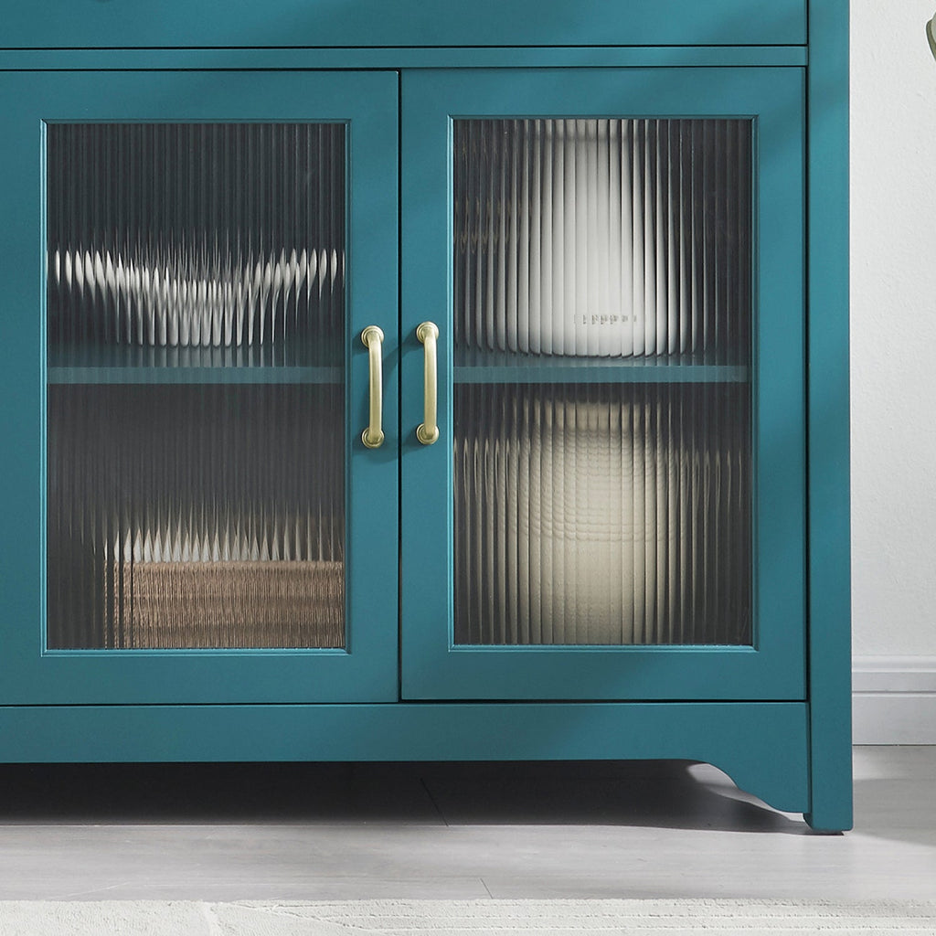 65' TV Console, Storage Buffet Cabinet, Sideboard with Glass Door and Adjustable Shelves, Console Table, Teal Blue