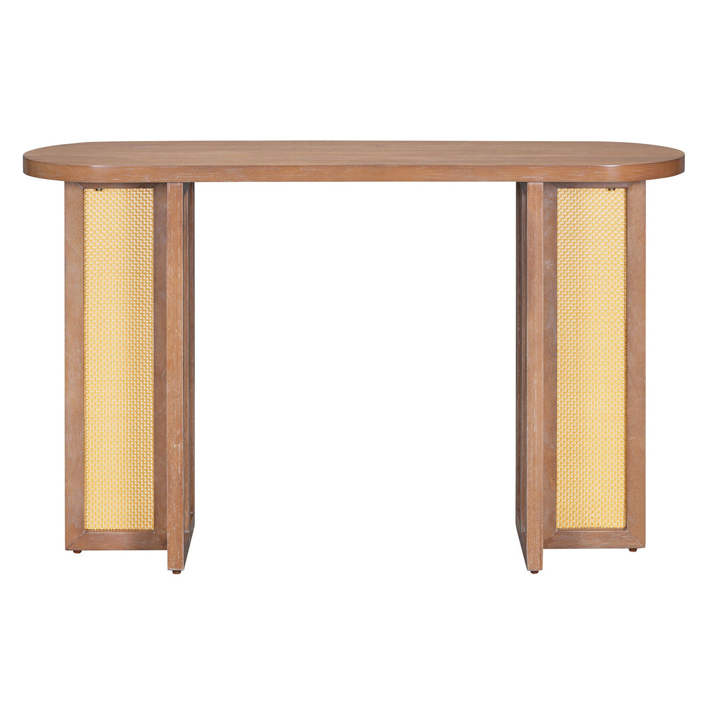 TREXM Farmhouse Rattan Console Table Entryway Table, Narrow Console Table with Storage, Hallway Table for Living Room, Entrance (Natural Wood Wash)