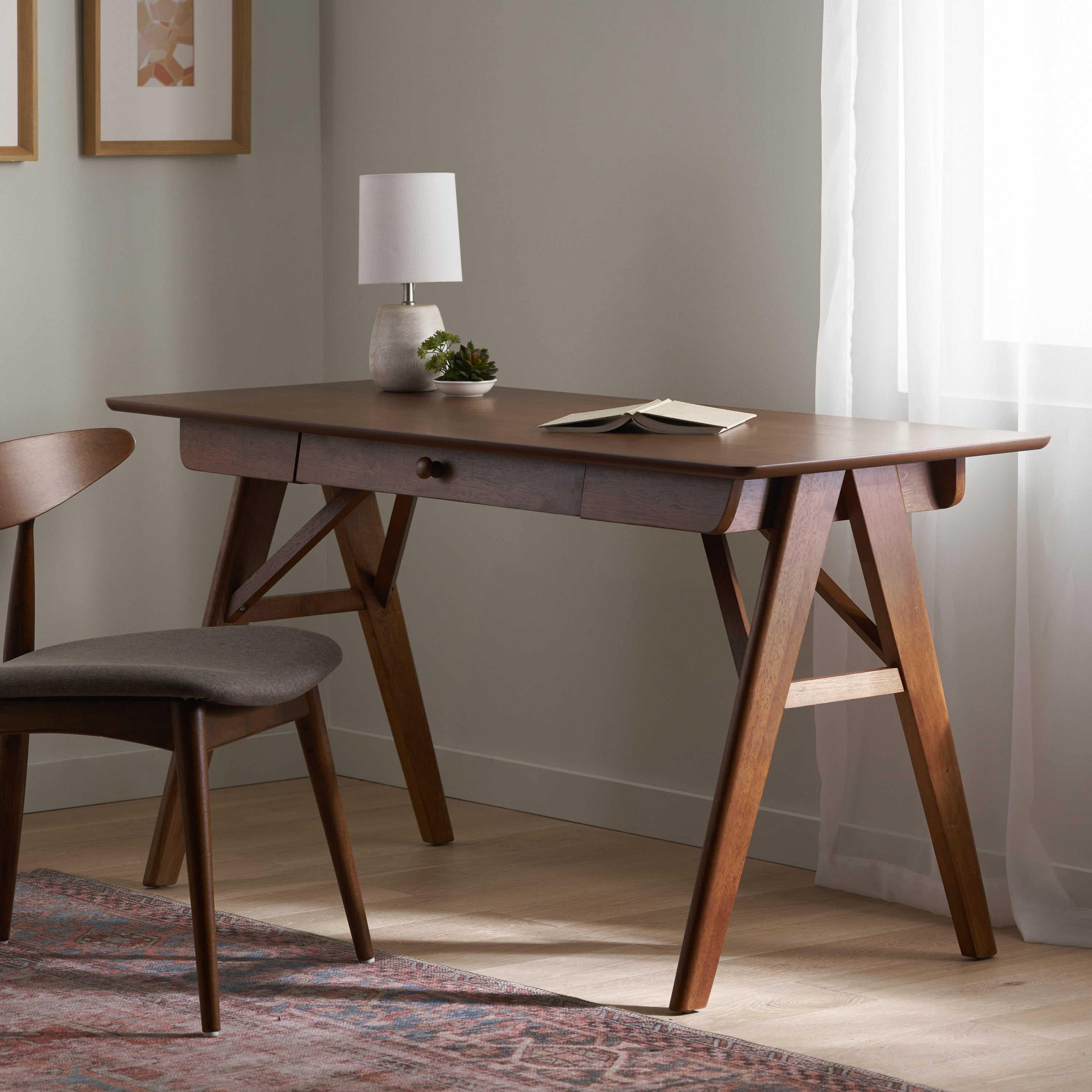 Wood Desk with Drawers, Small Computer Desk for Small Spaces, Gaming Study Home Office Desks for Work, Student PC Desk for Bedroom, Escritorios para Cuartos (Walnut Color, 57 inch)