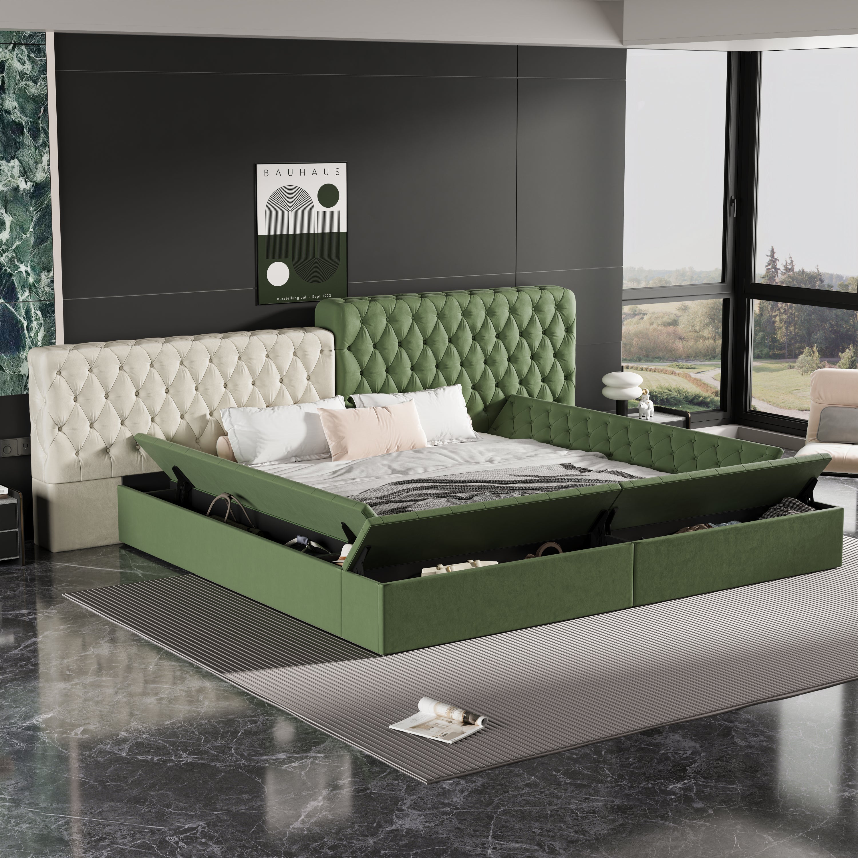 Contemporary Special-shaped Fully Upholstered Bed with Deep Button Tufting and Storage Compartments in Rails and Footboard,No Box Spring Needed,King,Green