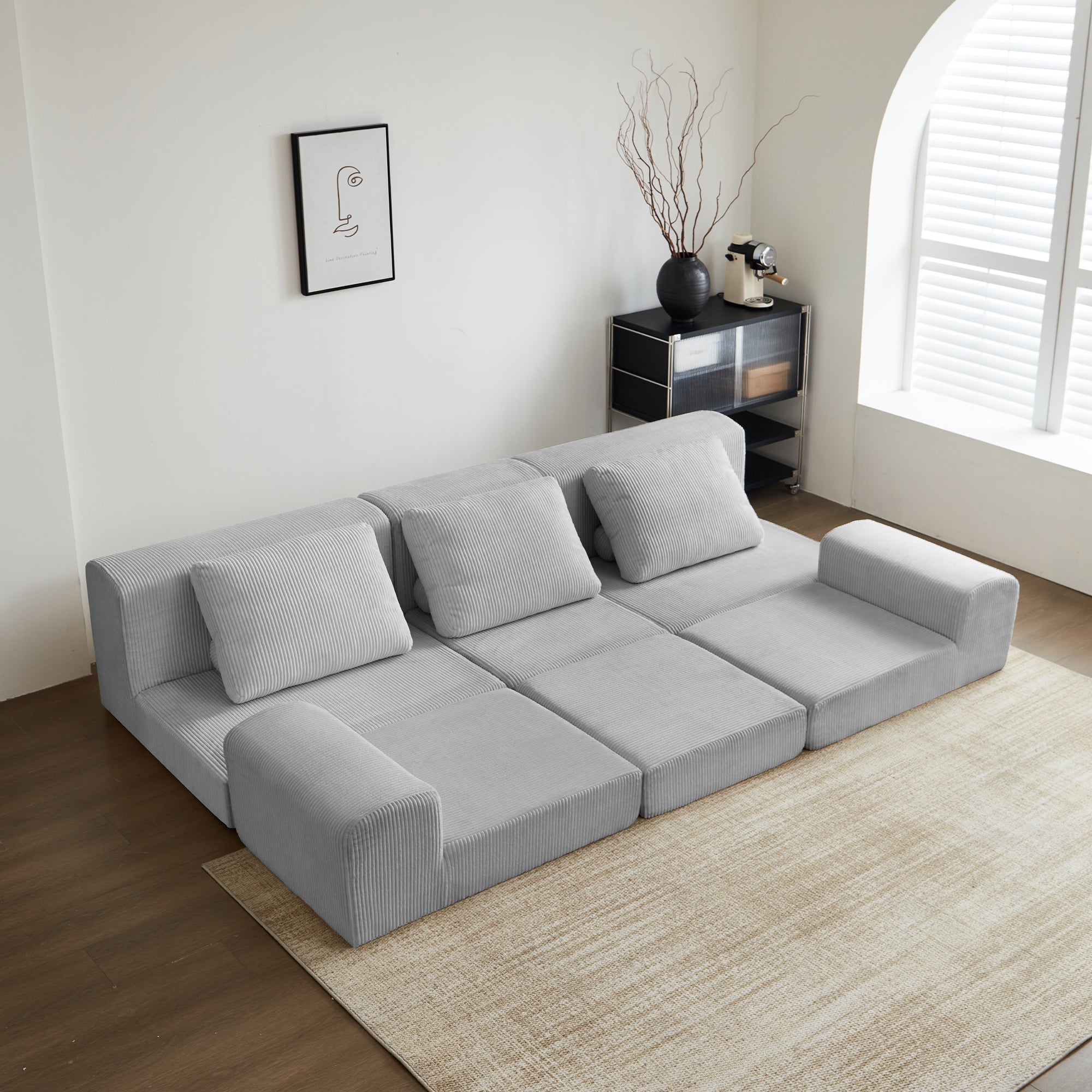 108'' Modular Sectional 3-Seater Cloud Sofa,Corduroy Convertible Sofa Bed