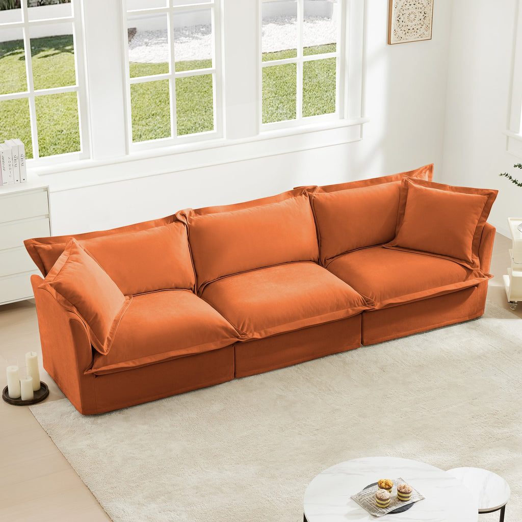 Slipcovered Sofa Couch, Modern 3 Seater Sofa with Suppleness Armrests, Chenille Fleece Deep Seat Sofa with Soft Multiple Big Pillows, Comfy Couch for Living Room, Apartment,Chenille Fabric, Orange