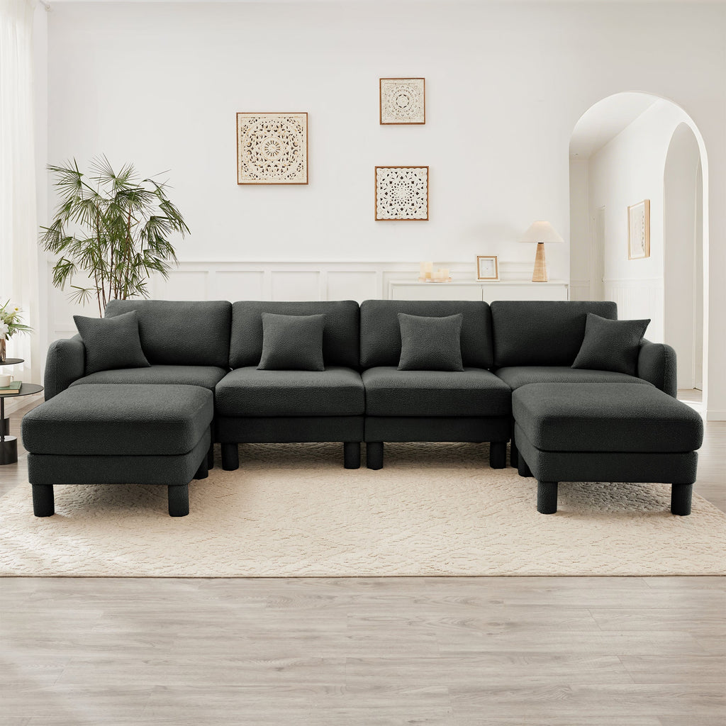 Boucle Fabric U Shape Sectional 4-seater Sofa Couch With Distinctive Shell-shaped Armrests And 2 Movable Ottomans,Cylindrical Legs Wrapped with Self-fabric,Dark Grey  Color