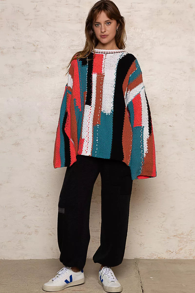 POL Color Block Round Neck Oversized Sweater