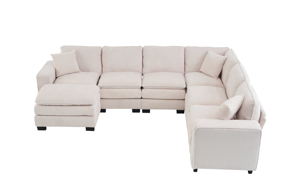 Modern U Shaped 6-seat Sectional Sofa Couch with one Ottoman and three toss pillows ,Modular Sofa for Living Room,Corduroy sofa
