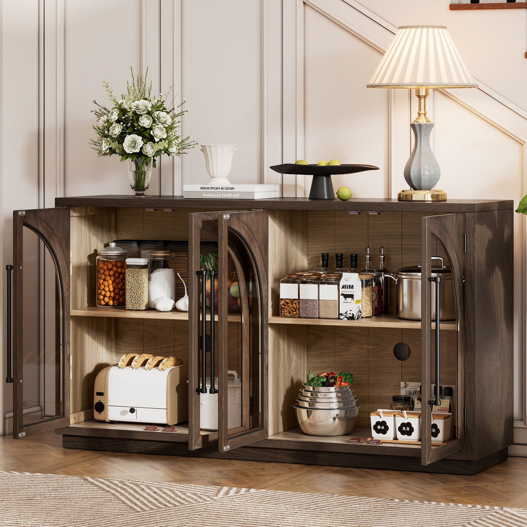 TREXM 4-Door Large Storage Sideboard Buffet Cabinet with Glass Doors, Arched Cabinet with Adjustable Shelves for Kitchen, Dining Room and Living Room (Espresso)