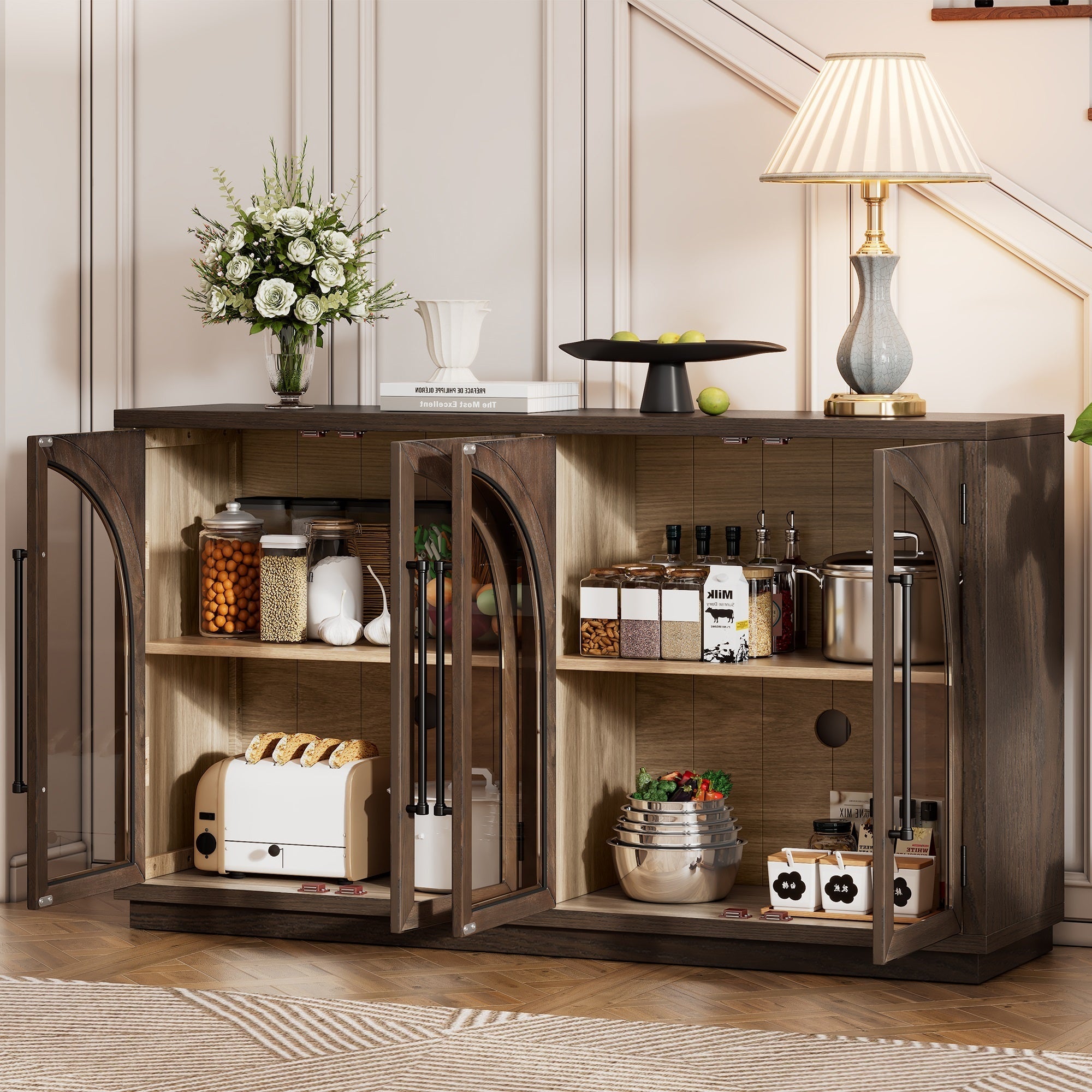 TREXM 4-Door Large Storage Sideboard Buffet Cabinet with Glass Doors, Arched Cabinet with Adjustable Shelves for Kitchen, Dining Room and Living Room (Espresso)