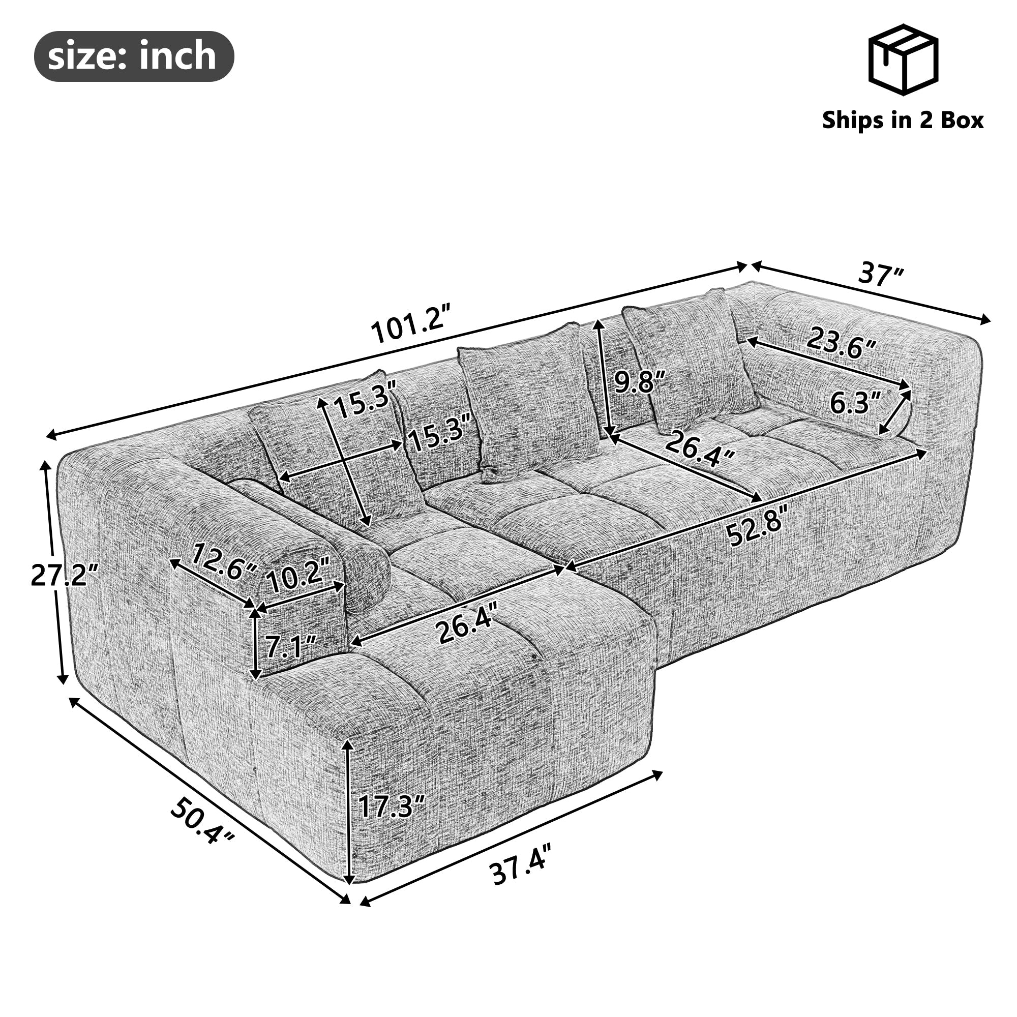 Modern Modular Sofa with Deep Seating, Two Side Pockets, and Plush Pillows in Blue Chenille Fabric, 101.2'