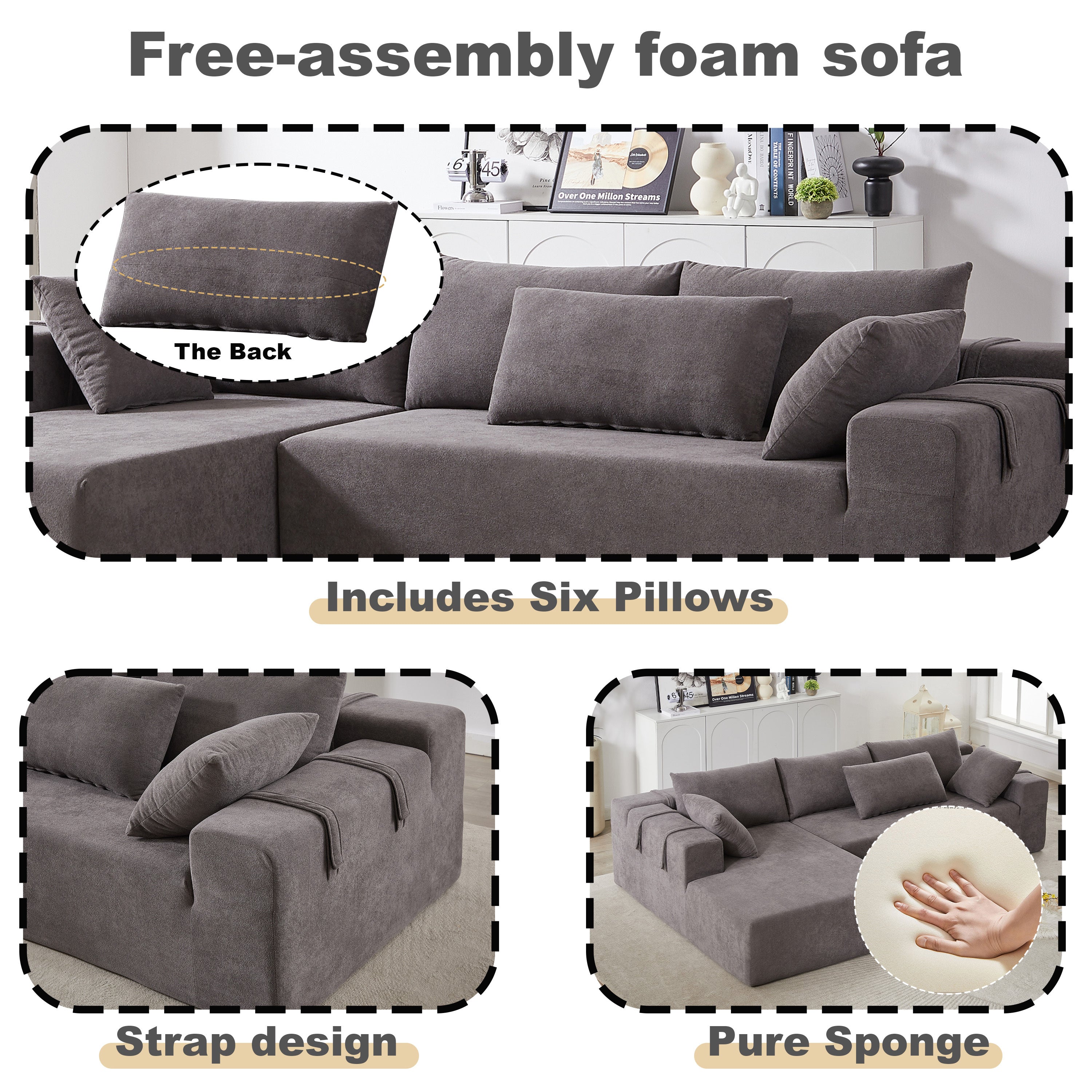 Modern Chenille Upholstered Sectional Sofa Couch Set,Modular 108' L Shaped Sectional Living Room Sofa Set With 6 Pillows,Free Combination Sofa Couch for Living Room,Bedroom(Left Chaise)