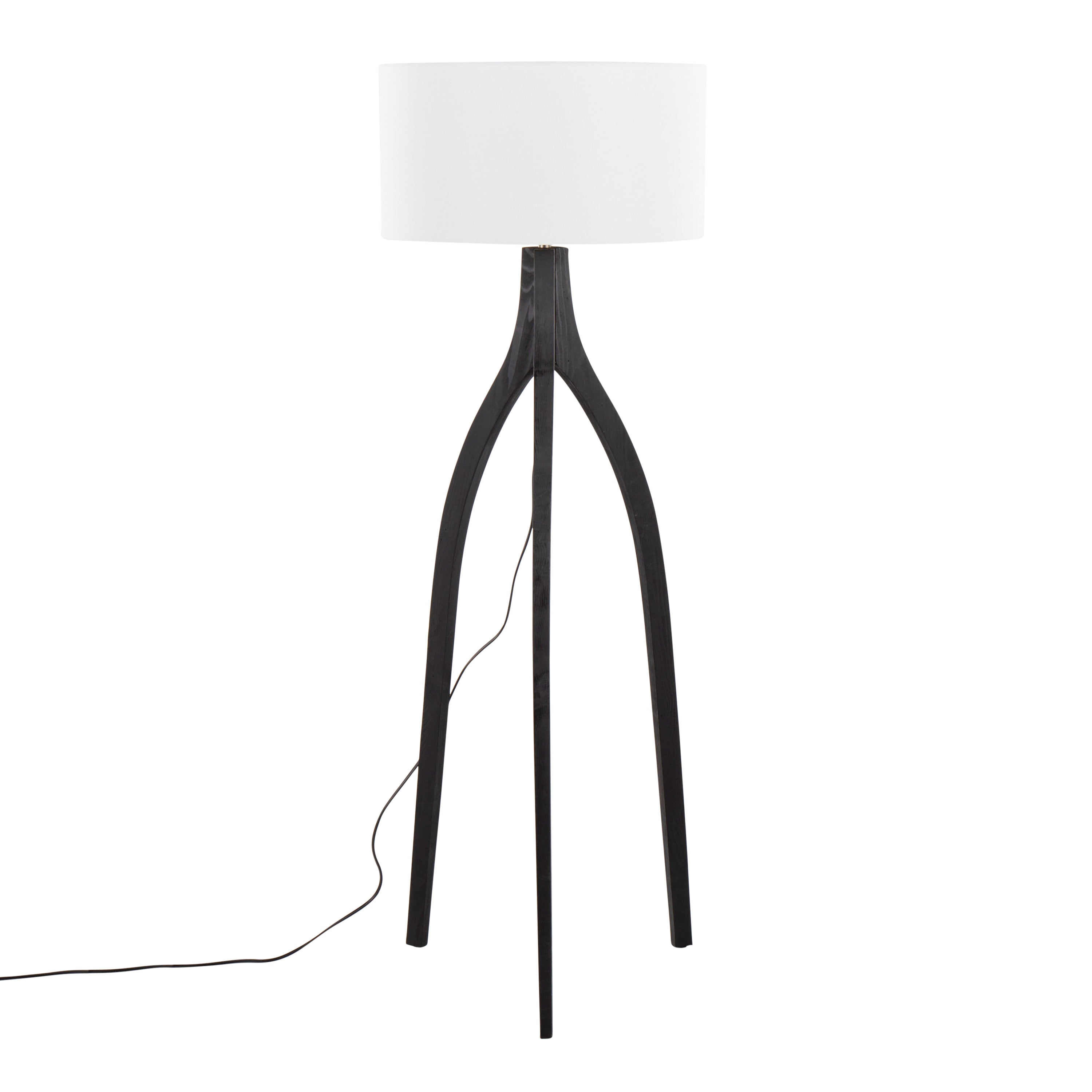 Wishbone Contemporary Floor Lamp in Black Wood with White Linen Shade by LumiSource