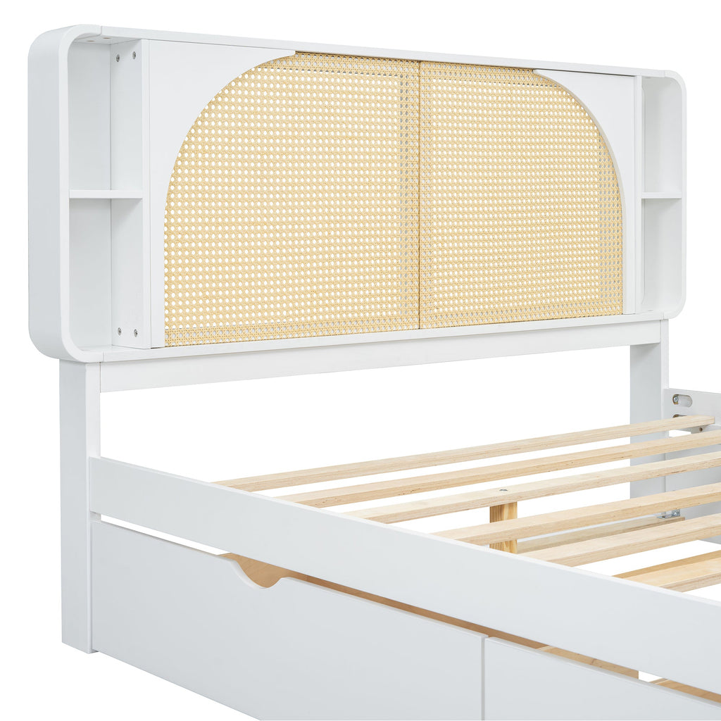 Queen Size Rattan Headboard Bed with Two Drawers and Trundle, White
