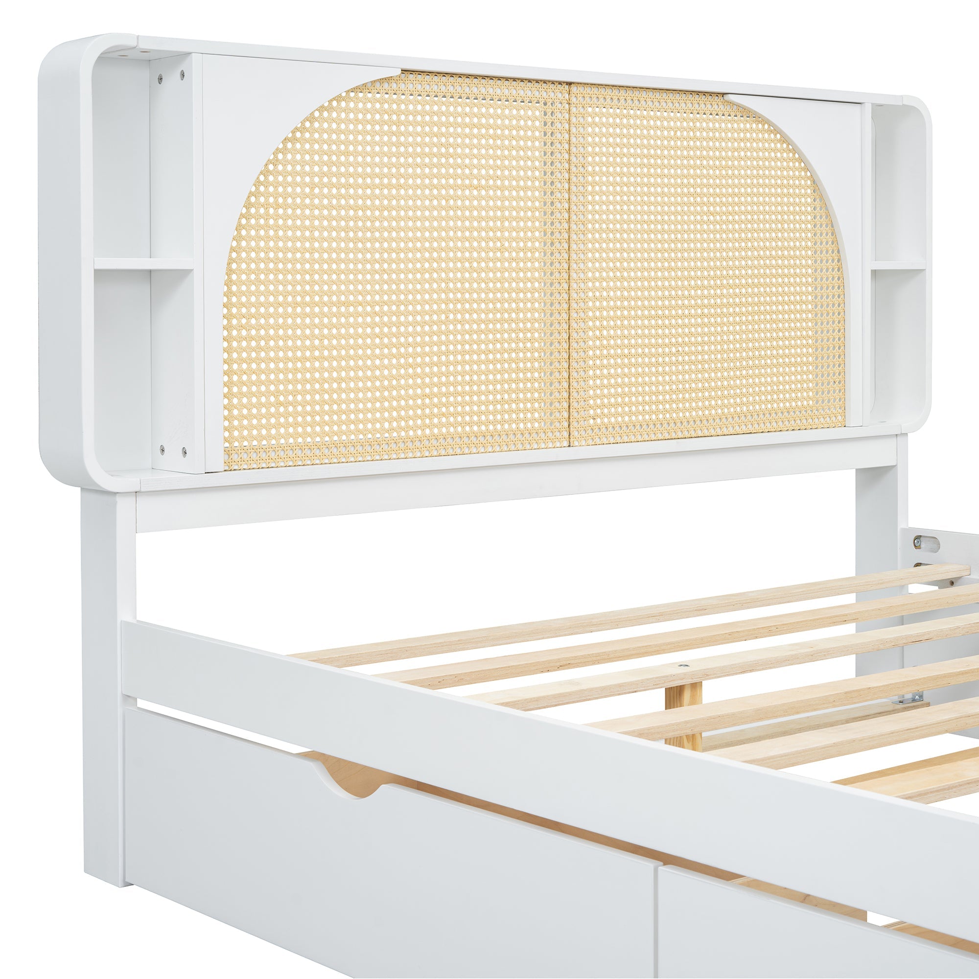 Queen Size Rattan Headboard Bed with Two Drawers and Trundle, White