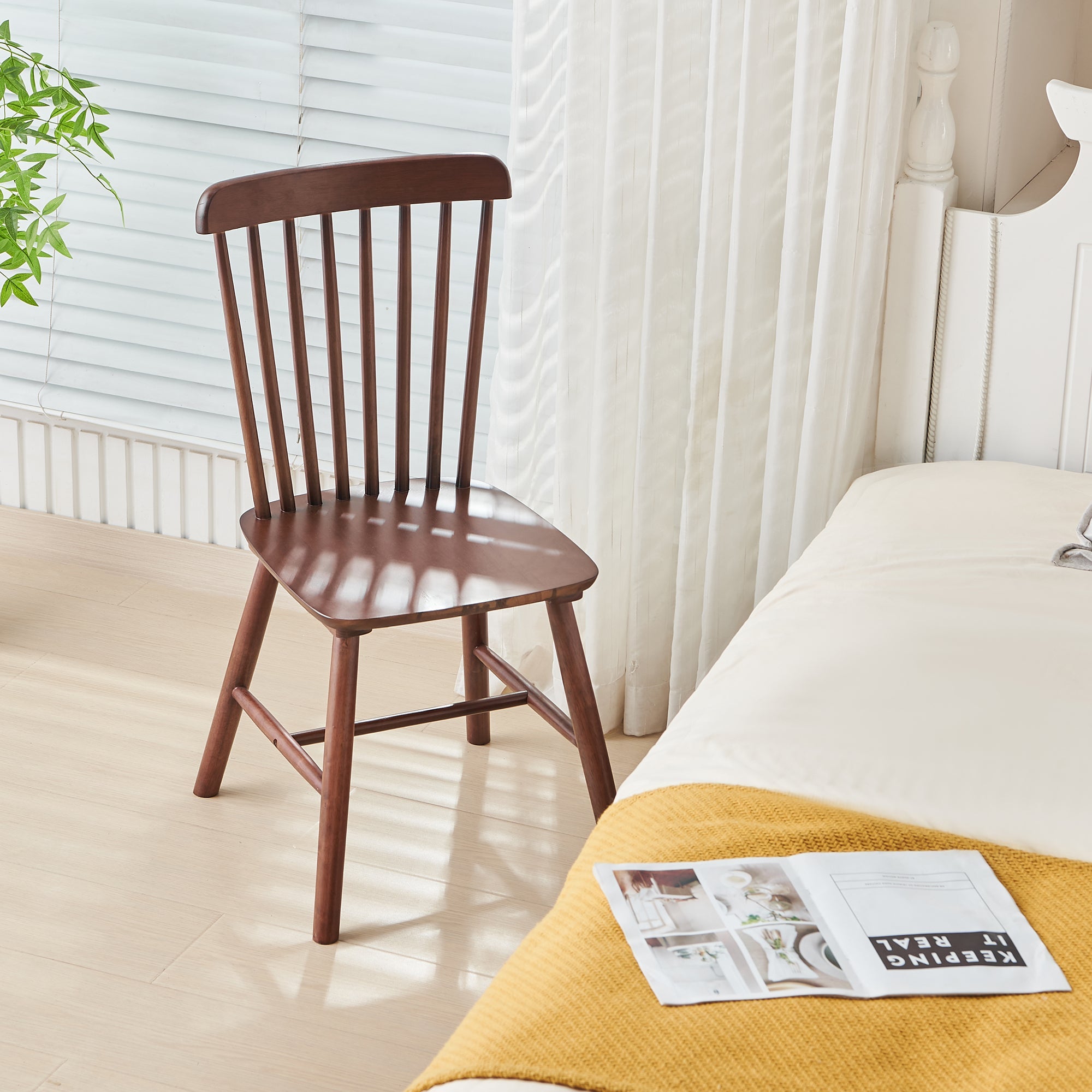 4 pieces of dining chair, Walnut, rubber wood material, dining chair, solid wood chair, solid wood dining table chair, living room chair, simple and natural