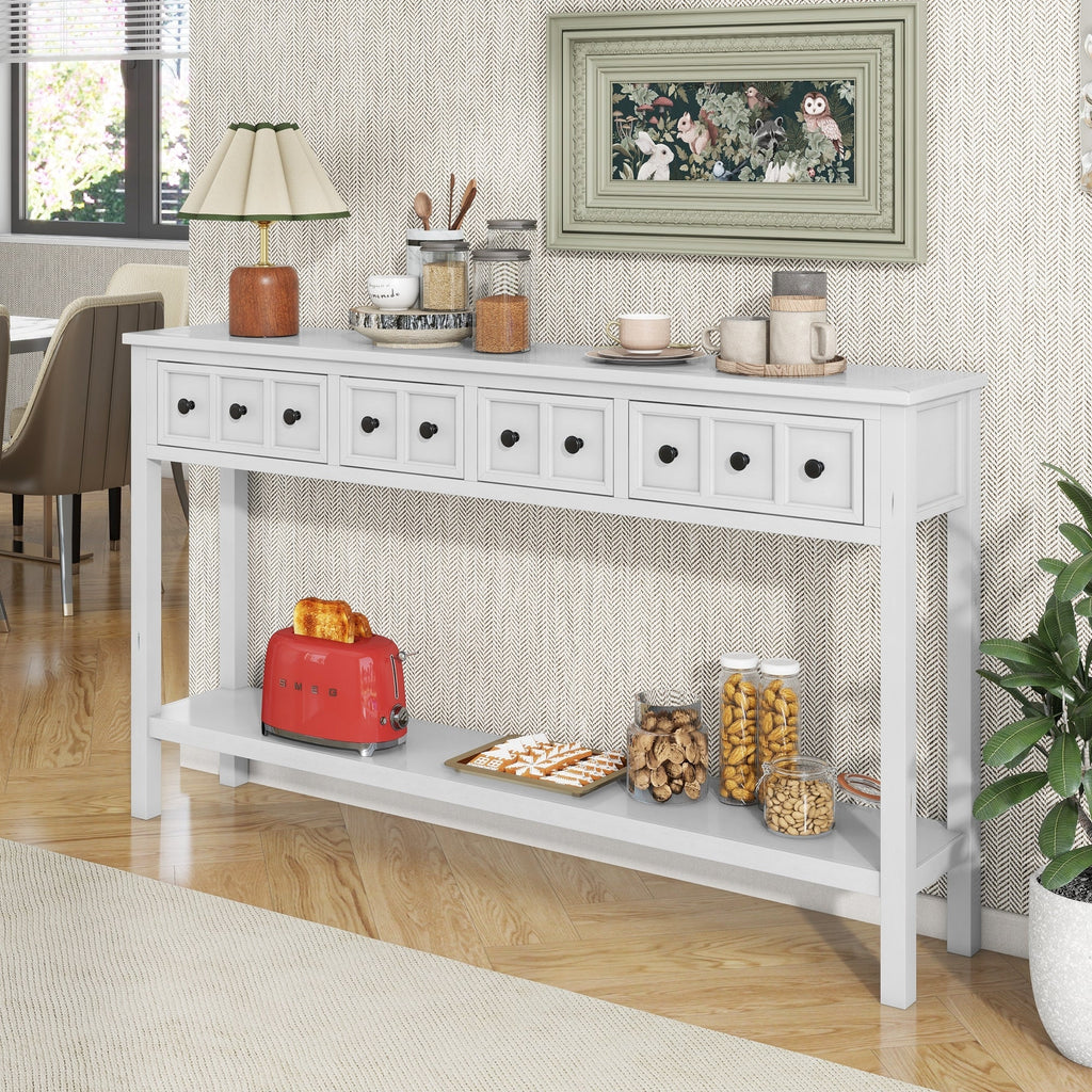 TREXM Rustic Entryway Console Table, 60" Long Sofa Table with two Different Size Drawers and Bottom Shelf for Storage (Antique White)