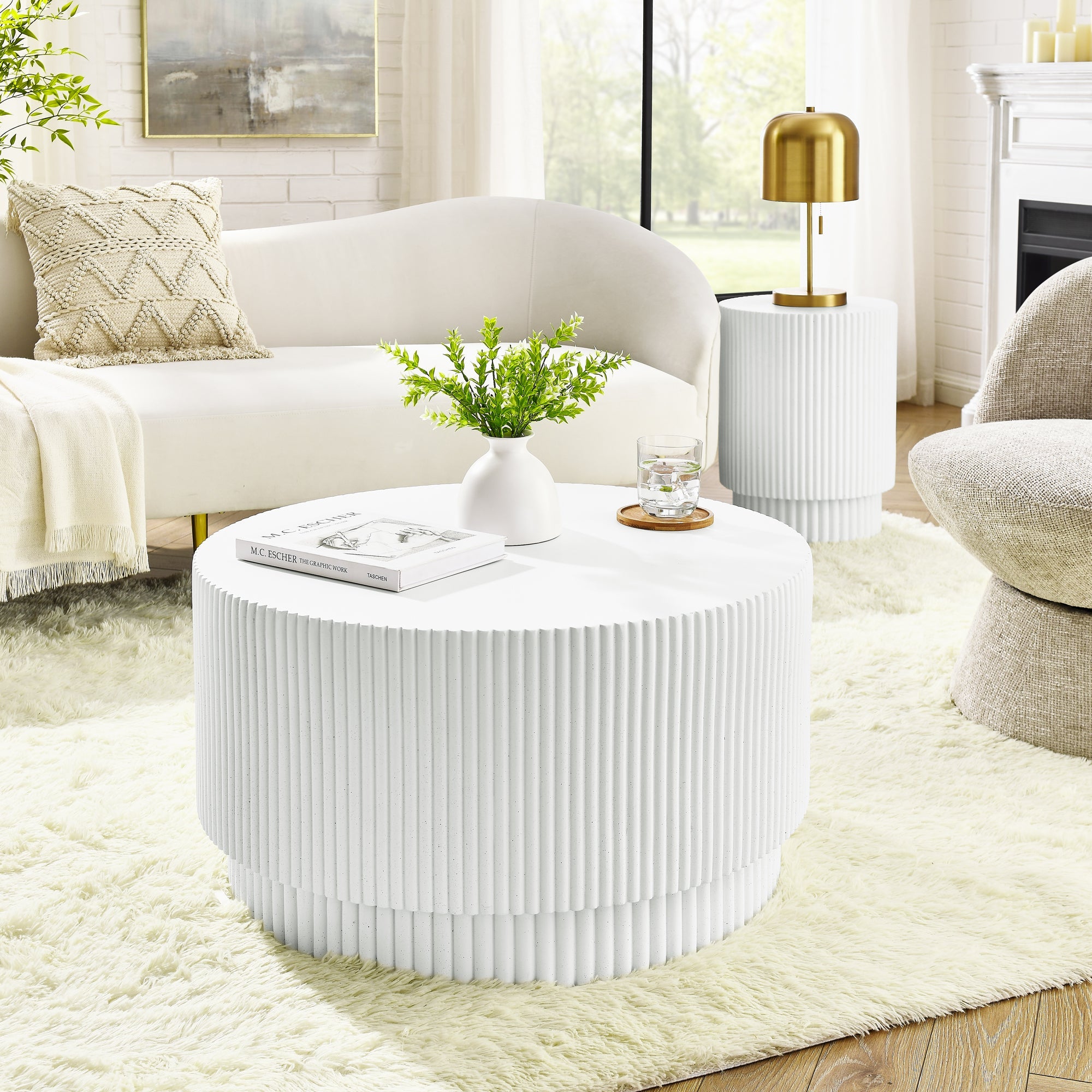 15.72-inch H-barrel coffee table, Nordic style, simple design, suitable for indoor and outdoor use, magnesium oxide material, suitable for living room, bedroom or garden sofa