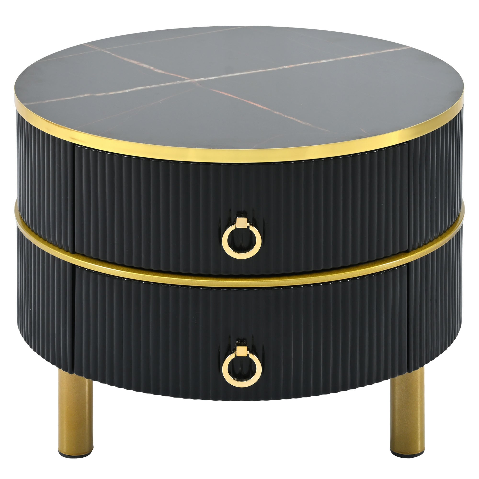 ON-TREND Φ27.5'' & Φ19.6'' Stackable Coffee Table with 2 Drawers, Nesting Tables with Brown Tempered Glass and High Gloss Marble Tabletop, Set of 2, Round Center Table for Living Room, Black