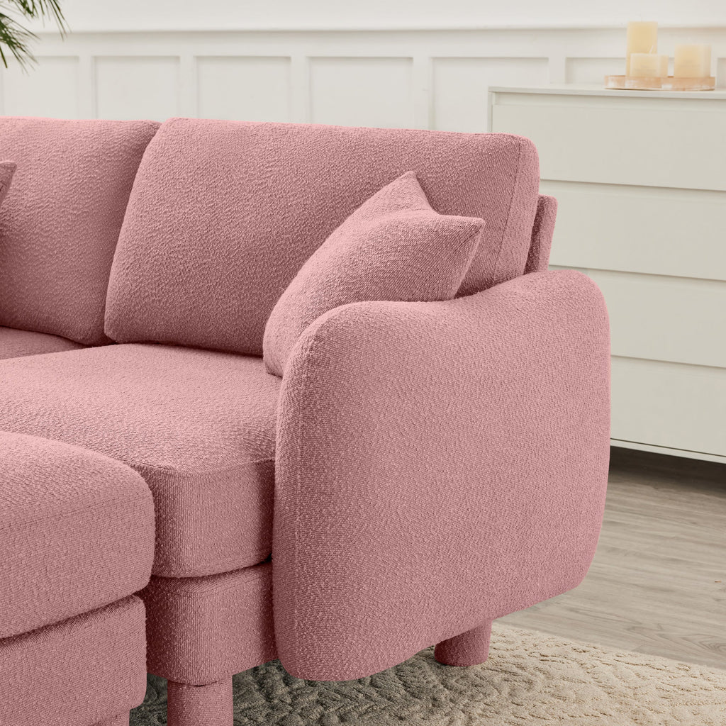 Boucle Fabric U Shape Sectional 4-seater Sofa Couch With Distinctive Shell-shaped Armrests And 2 Movable Ottomans,Cylindrical Legs Wrapped with Self-fabric,Pink Color