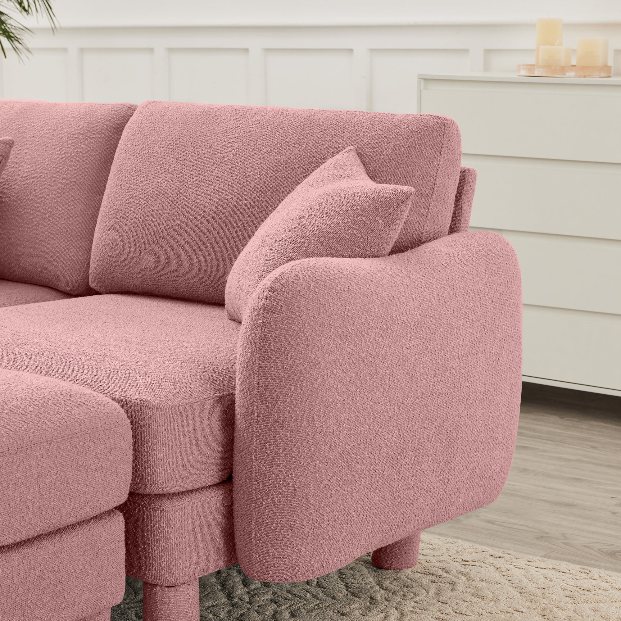 Boucle Fabric U Shape Sectional 4-seater Sofa Couch With Distinctive Shell-shaped Armrests And 2 Movable Ottomans,Cylindrical Legs Wrapped with Self-fabric,Pink Color