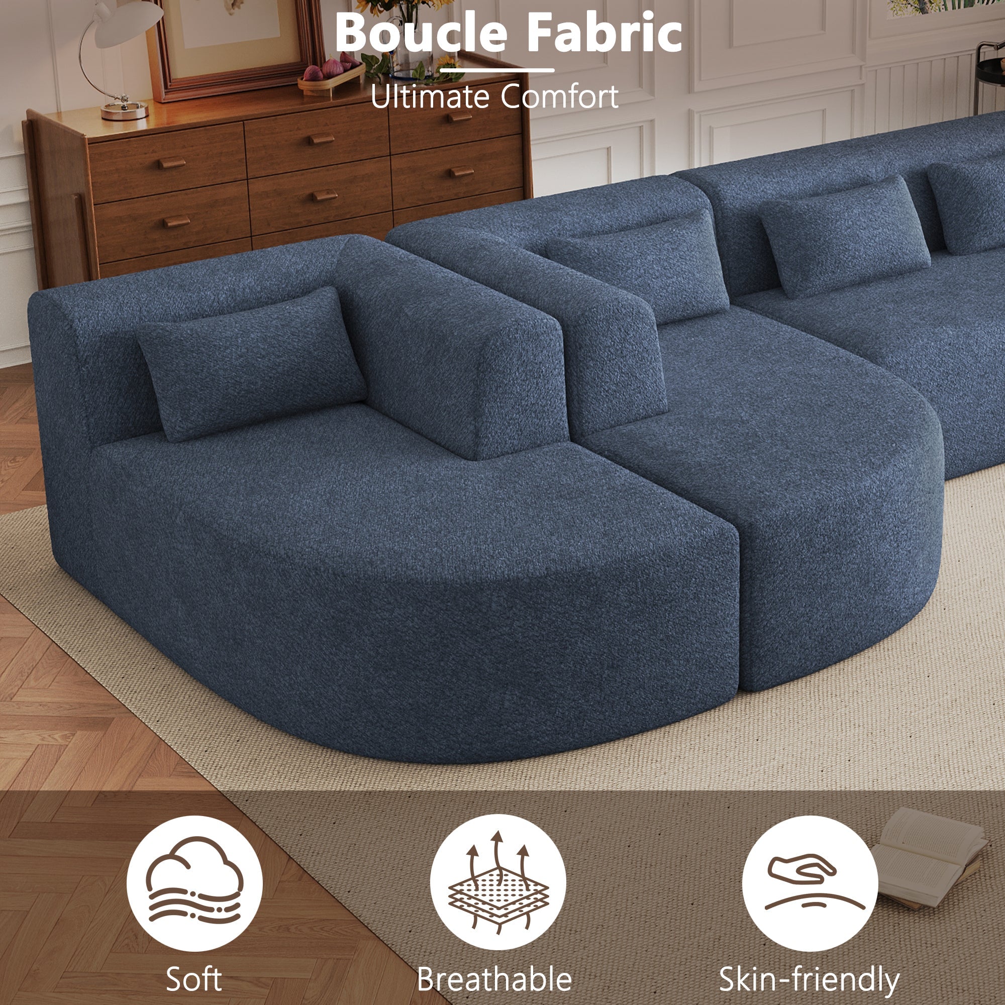 144' Upholstered Sofa Free-combined Sofa Couch with Two Chaise Lounge and Five Back Pillows for Living Room, Blue