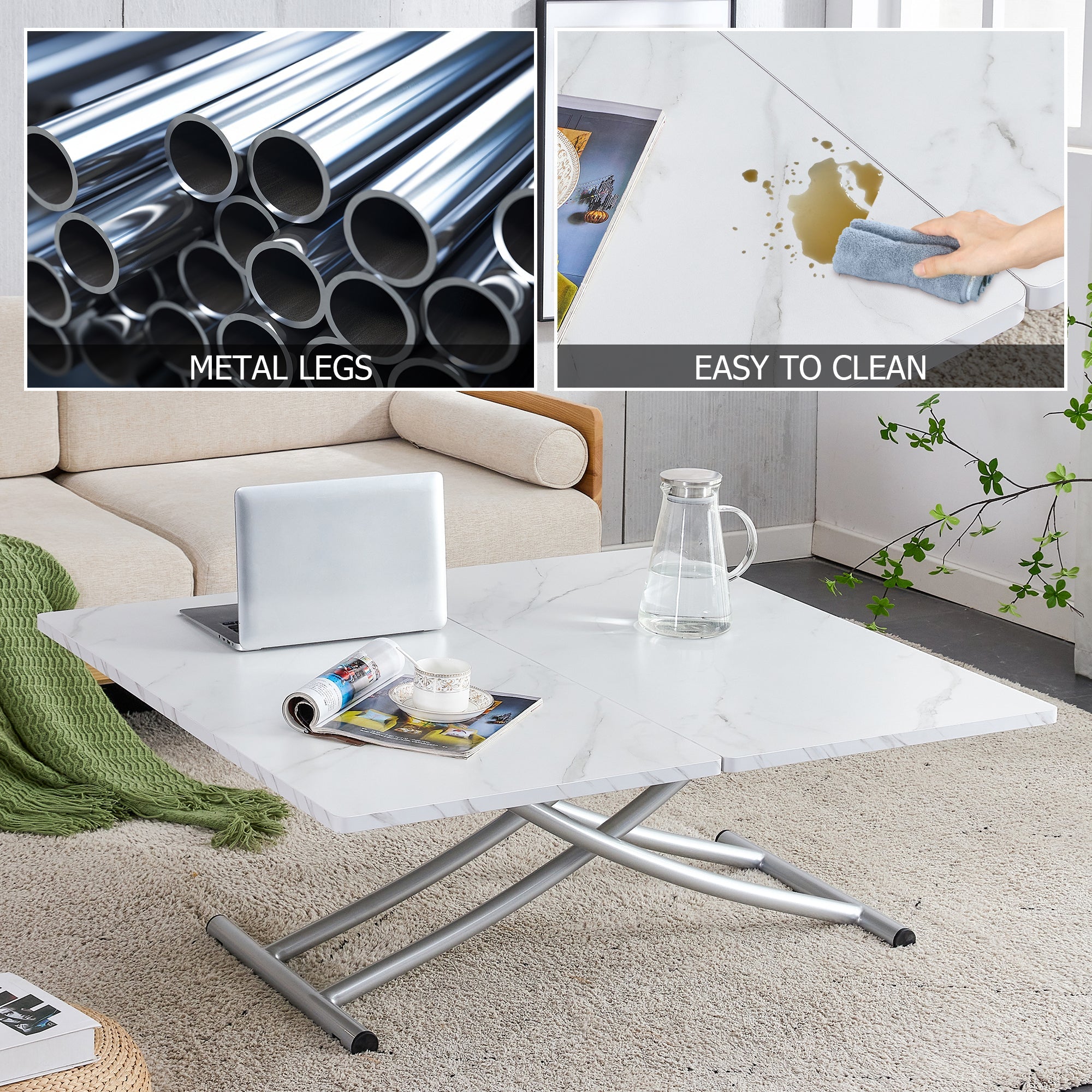Modern minimalist multifunctional lift table with 0.8 inch MDF desktop and silver metal legs, can be used as a dressing table, coffee table, dining table, and office table