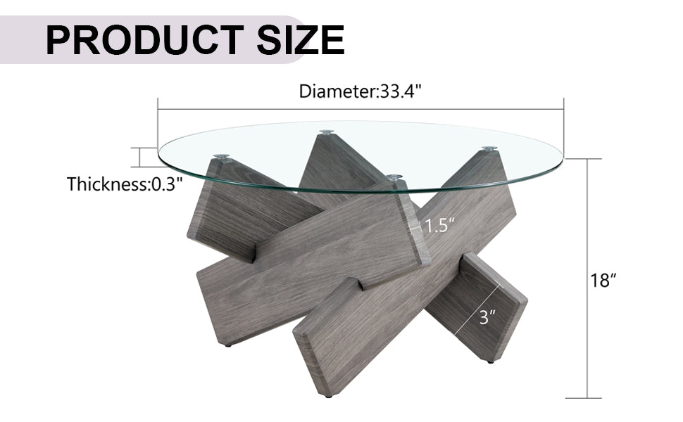 Round glass coffee table, 33.4" modern design unique coffee table. Tempered glass top with grey patterned MDF legs. Suitable for living and dining rooms